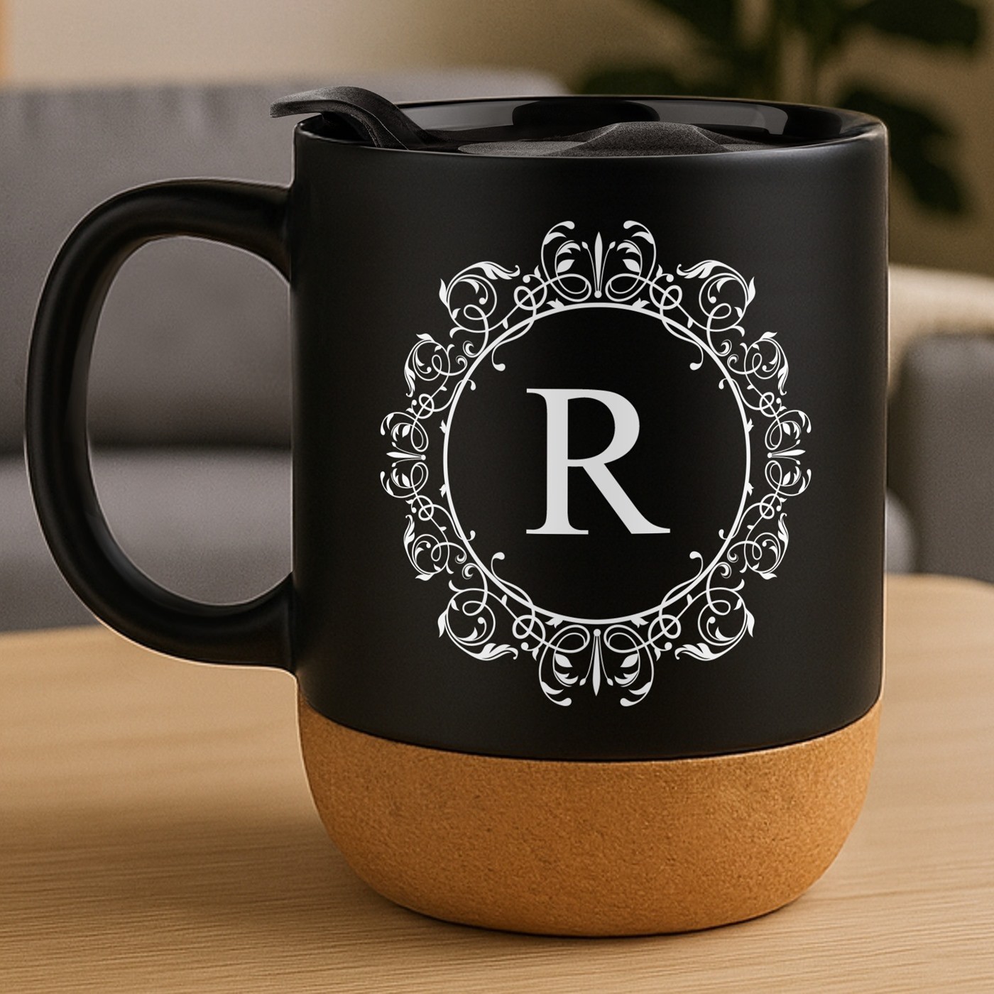 Taza de cerámica negra Murrano con impresión y tapa