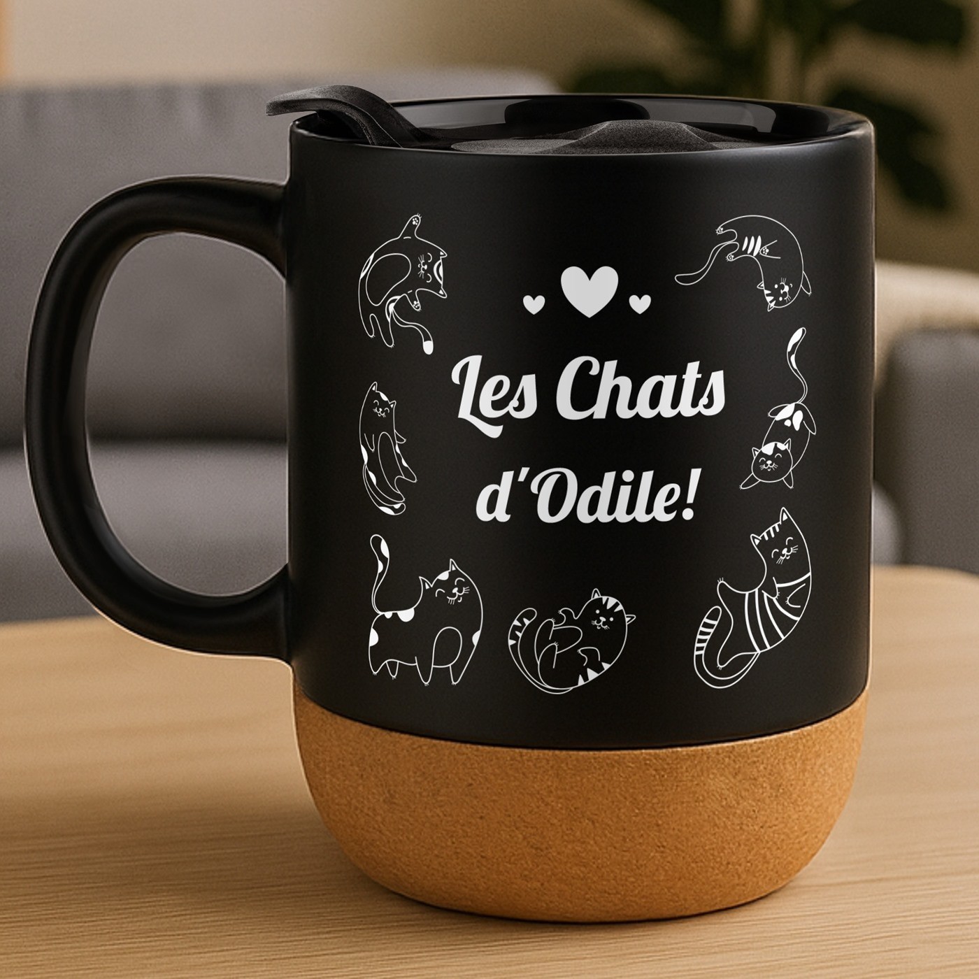 Taza de cerámica negra con diseño de gato y tapa para mujer - Murrano