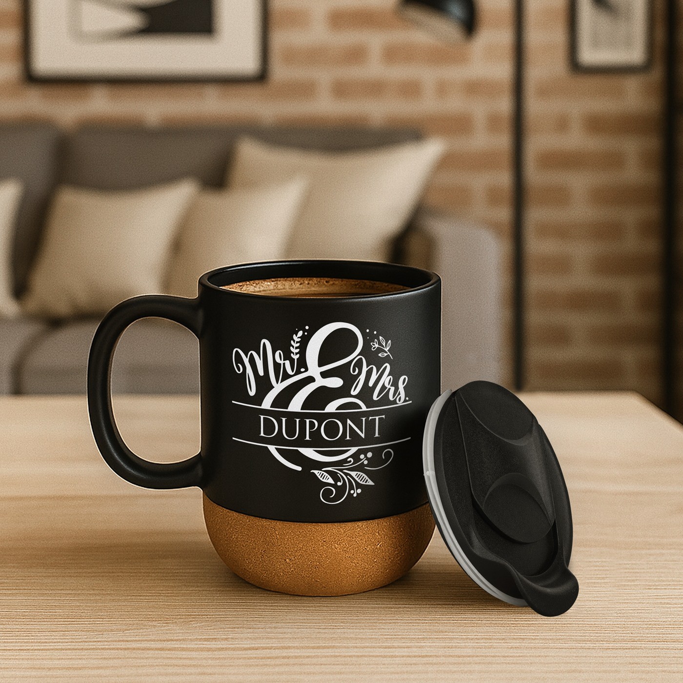 Tasse en céramique noire Murrano avec fond en liège et couvercle pour un couple - Cadeau de mariage ou d'emménagement