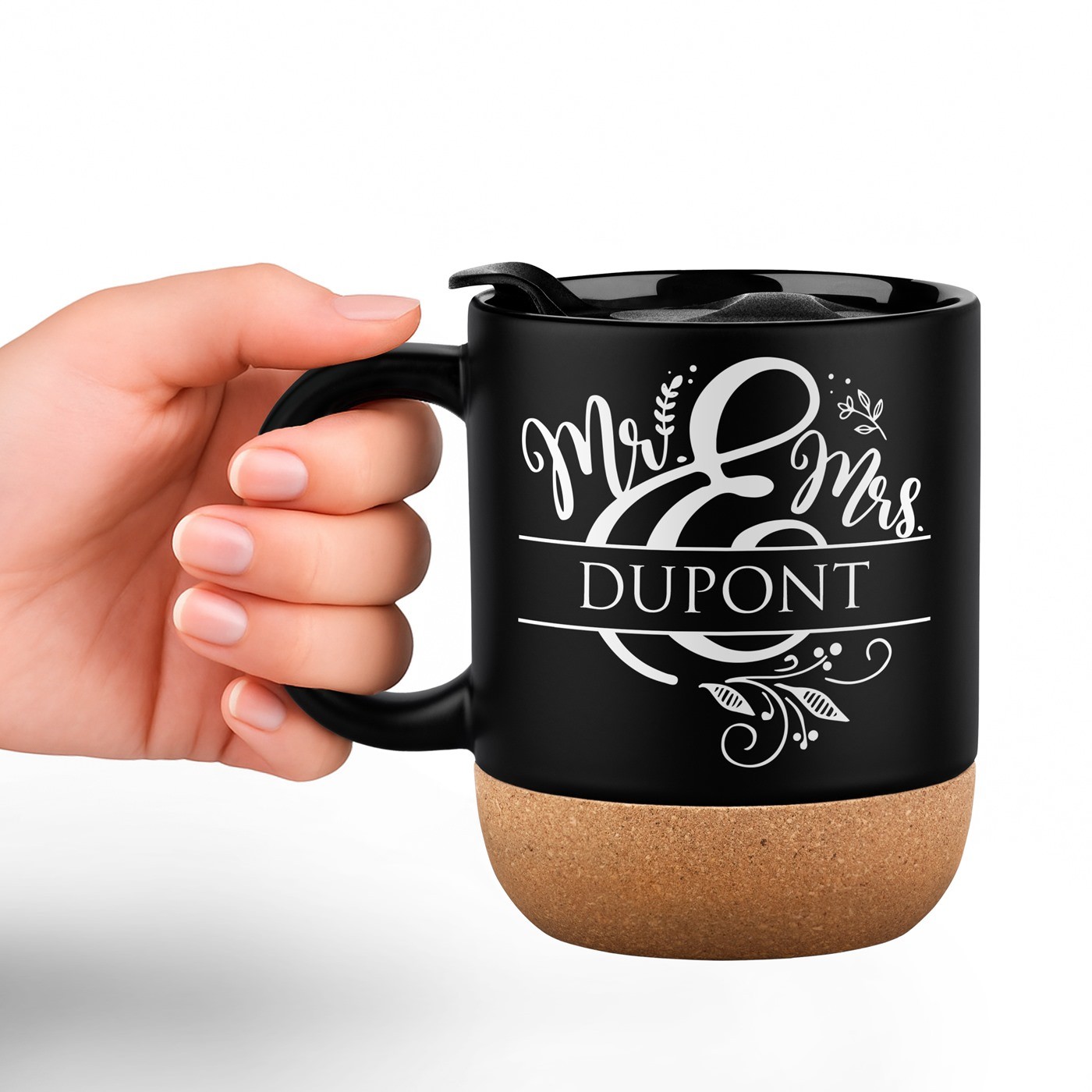 Tasse en céramique noire Murrano avec fond en liège et couvercle pour un couple - Cadeau de mariage ou d'emménagement