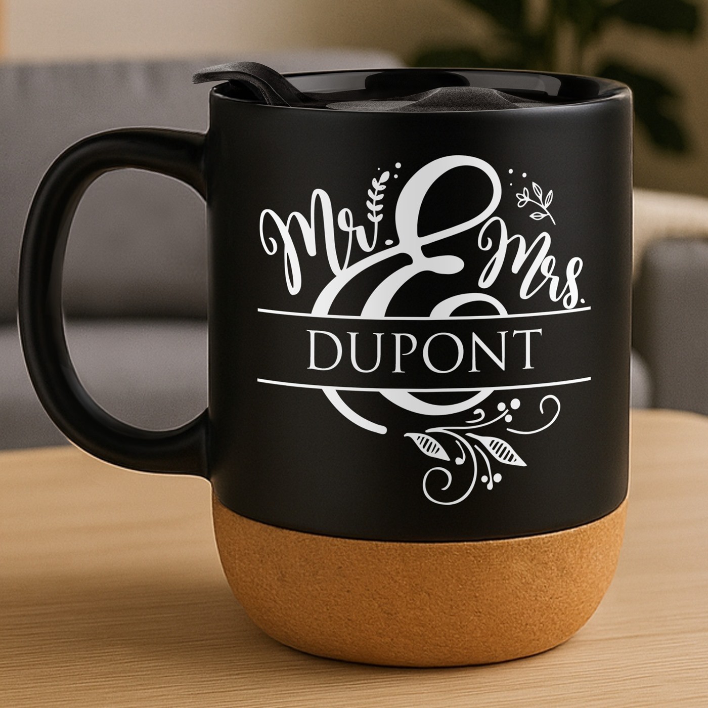 Taza de cerámica negra Murrano con base de corcho y tapa para pareja - Regalo de boda o mudanza