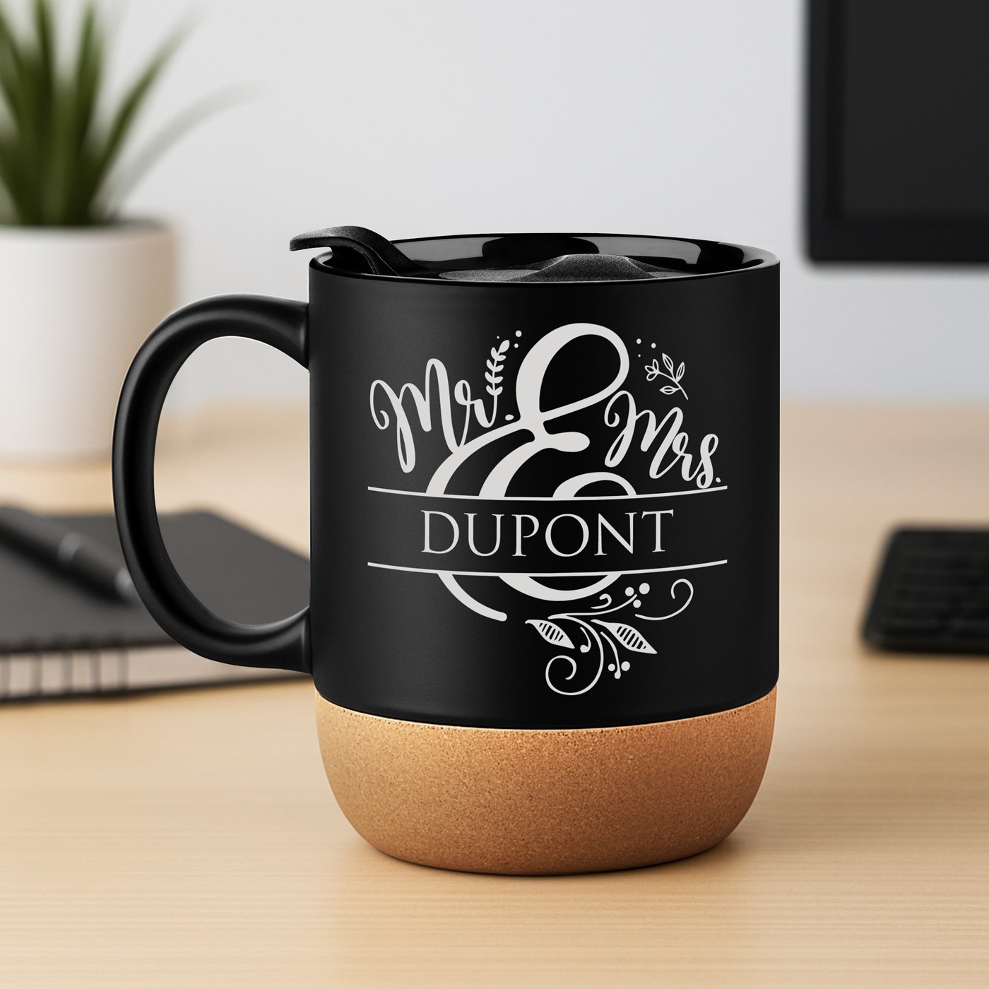Tasse en céramique noire Murrano avec fond en liège et couvercle pour un couple - Cadeau de mariage ou d'emménagement