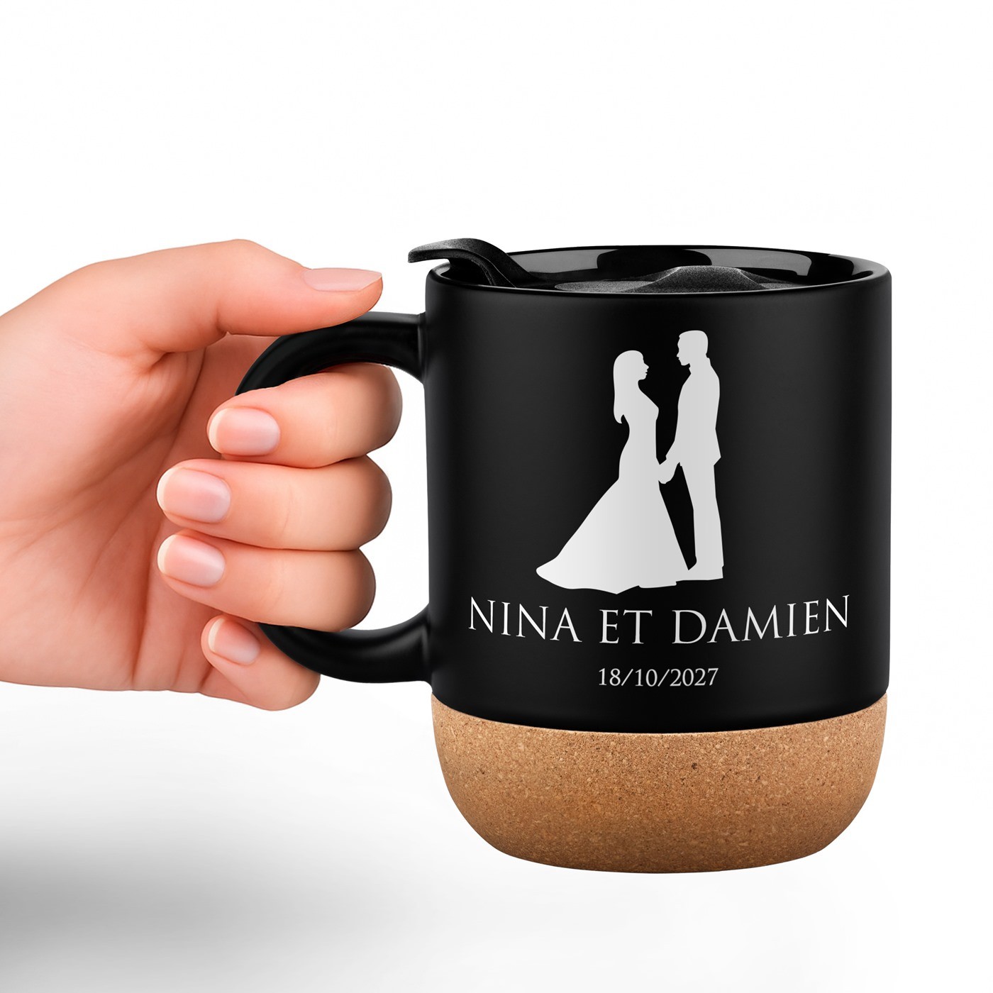 Mug de cerámica negra Murrano con base de corcho y tapa para pareja - Regalo de aniversario