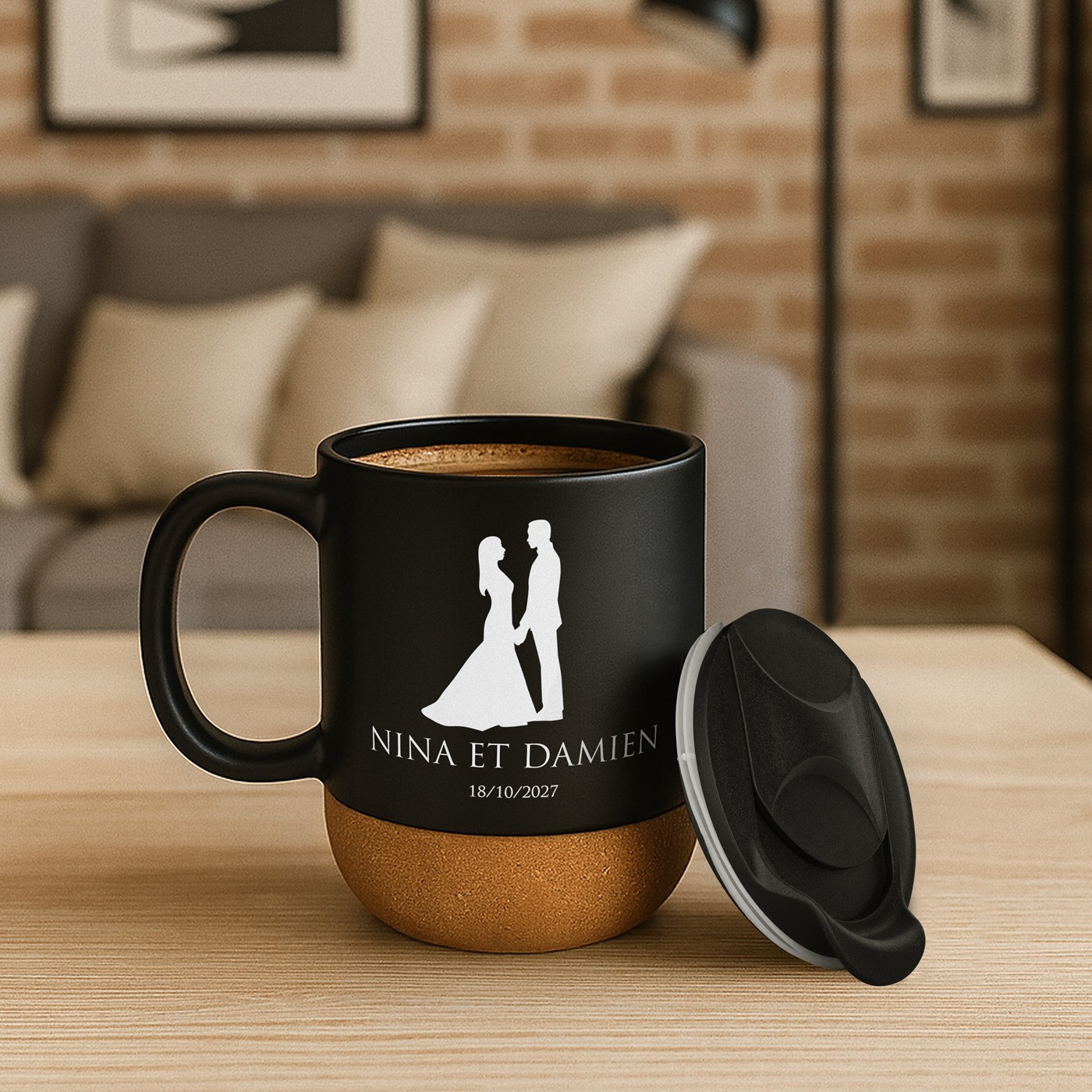 Mug de cerámica negra Murrano con base de corcho y tapa para pareja - Regalo de aniversario