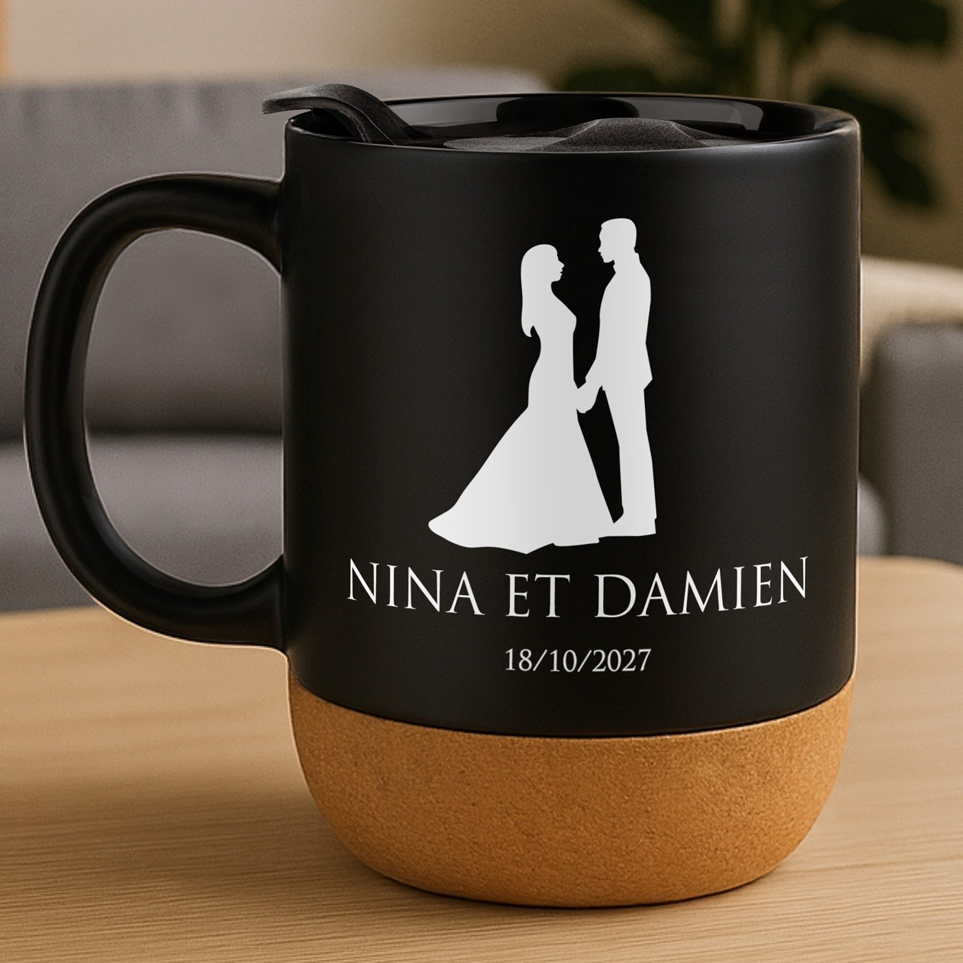 Mug de cerámica negra Murrano con base de corcho y tapa para pareja - Regalo de aniversario