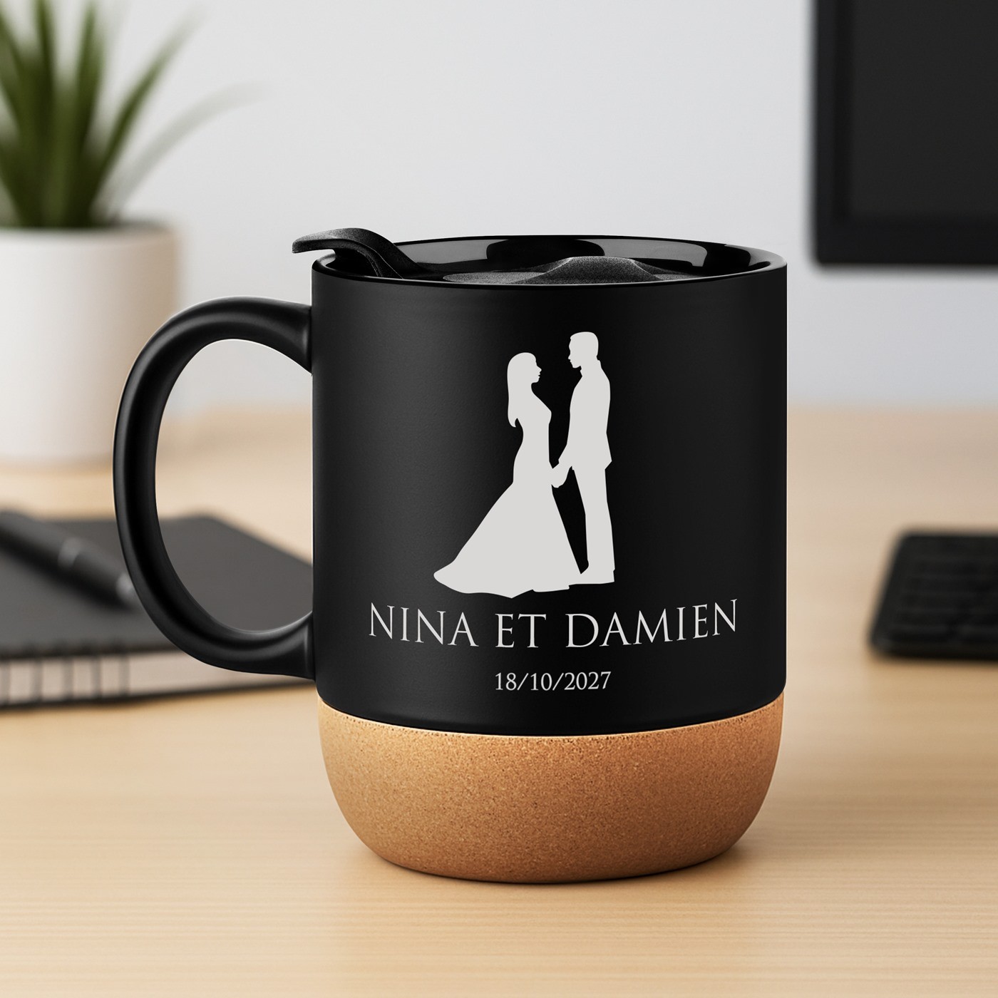 Mug de cerámica negra Murrano con base de corcho y tapa para pareja - Regalo de aniversario