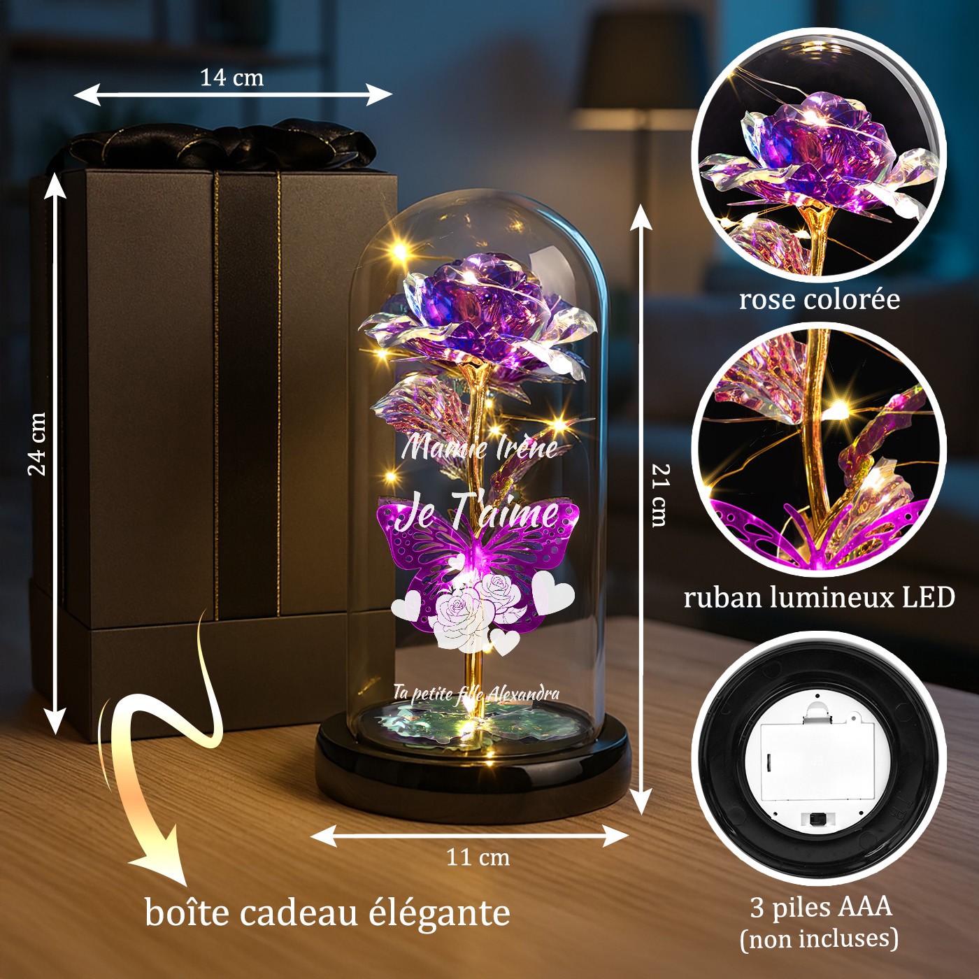 Rose Éternelle Violette Personnalisée sous Belles en Verre avec Lumière LED pour la Fête des Grands-Mères