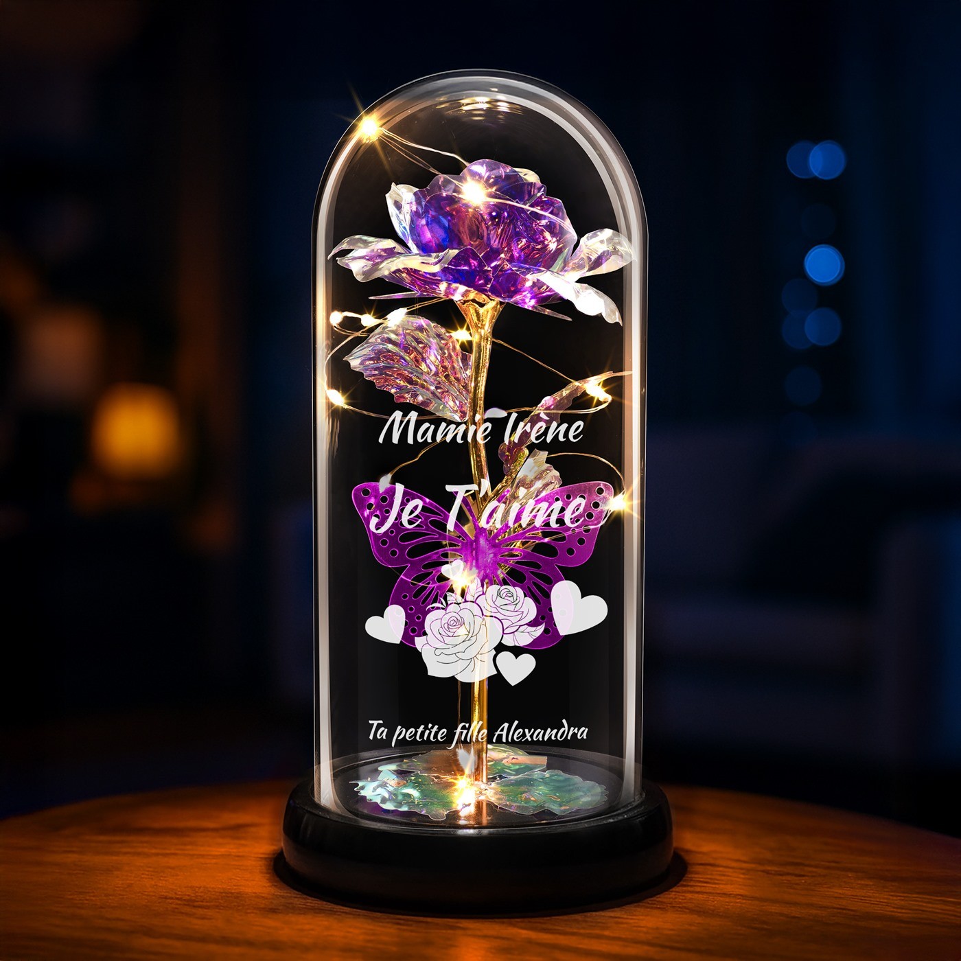 Rose Éternelle Violette Personnalisée sous Belles en Verre avec Lumière LED pour la Fête des Grands-Mères