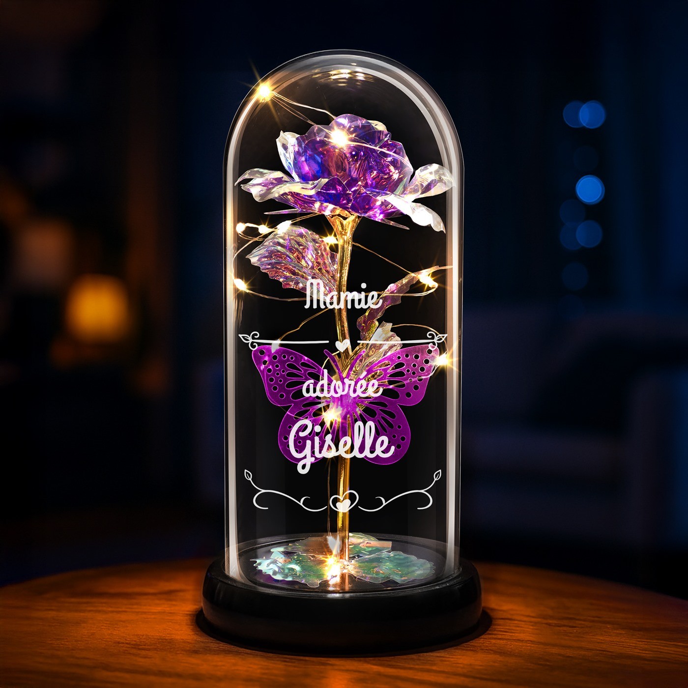 Rosa Eterna Violeta de Murrano bajo domo de vidrio con luz LED para el cumpleaños de las abuelas