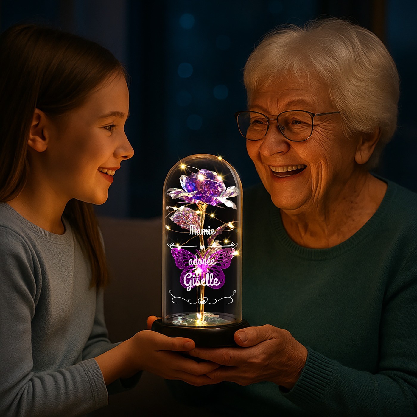 Rosa Eterna Violeta de Murrano bajo domo de vidrio con luz LED para el cumpleaños de las abuelas