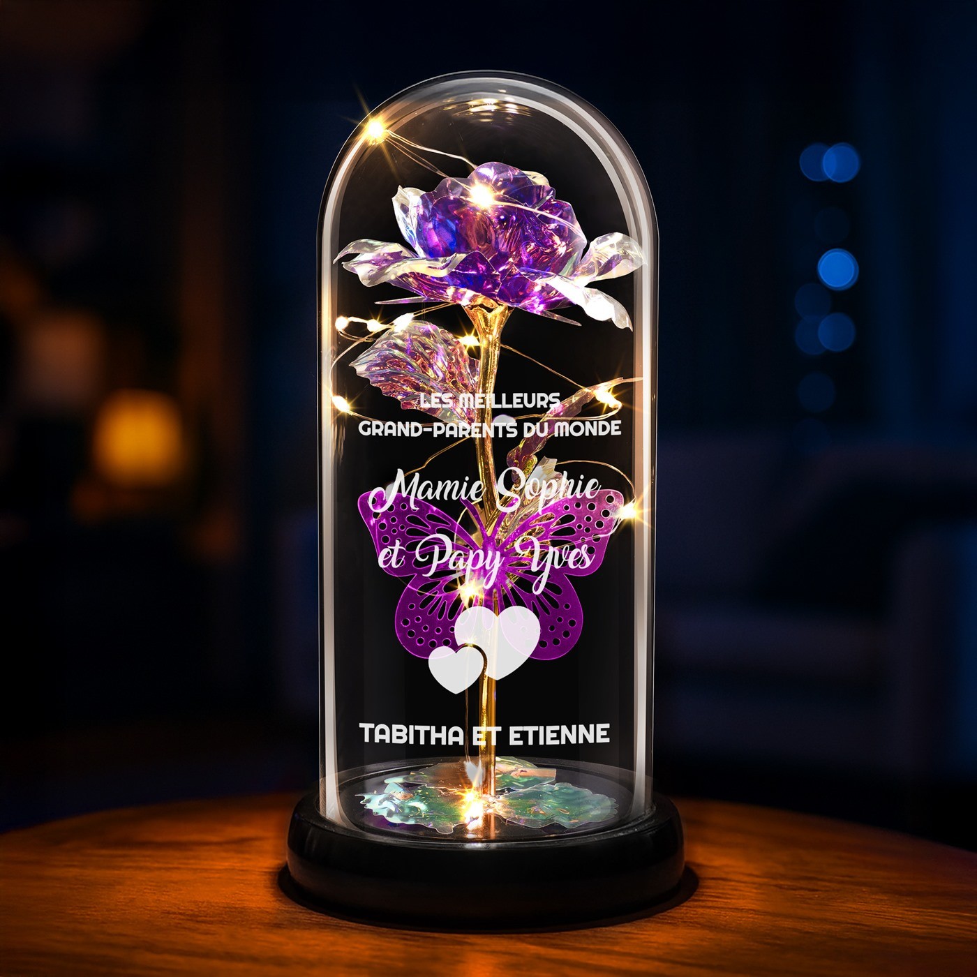 Rosa eterna violeta de Murrano bajo una cúpula de vidrio con luz LED para abuelos