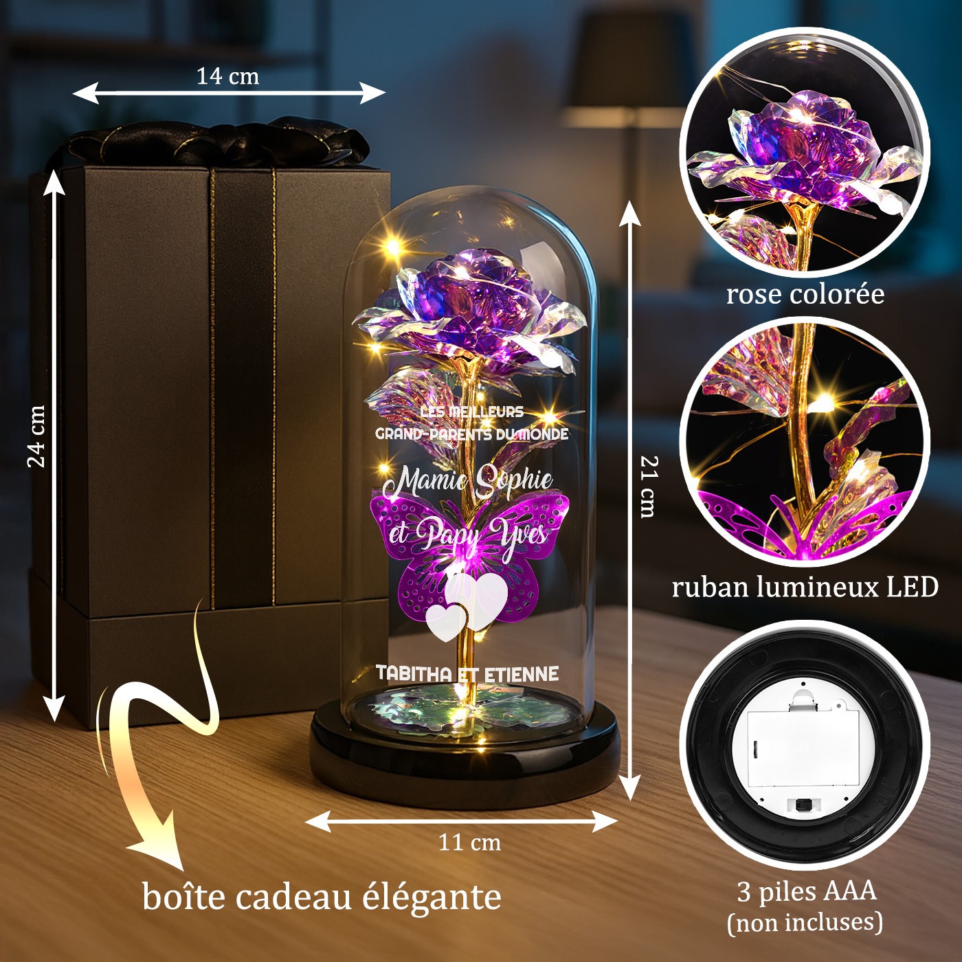 Rosa eterna violeta de Murrano bajo una cúpula de vidrio con luz LED para abuelos