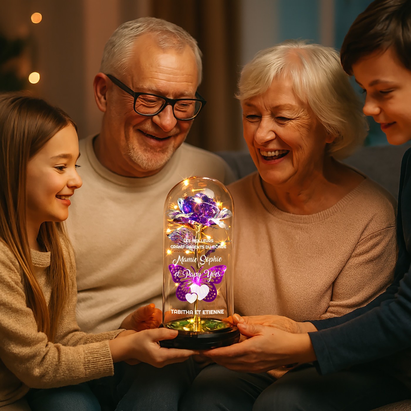 Rosa eterna violeta de Murrano bajo una cúpula de vidrio con luz LED para abuelos