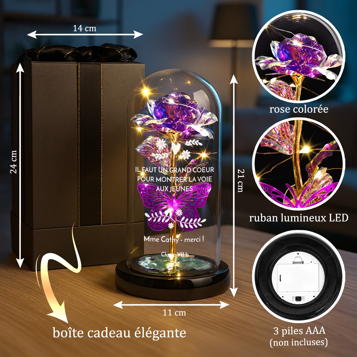 Rosa Eterna Morado de Murrano bajo Domo de Vidrio con Grabado y Luz LED