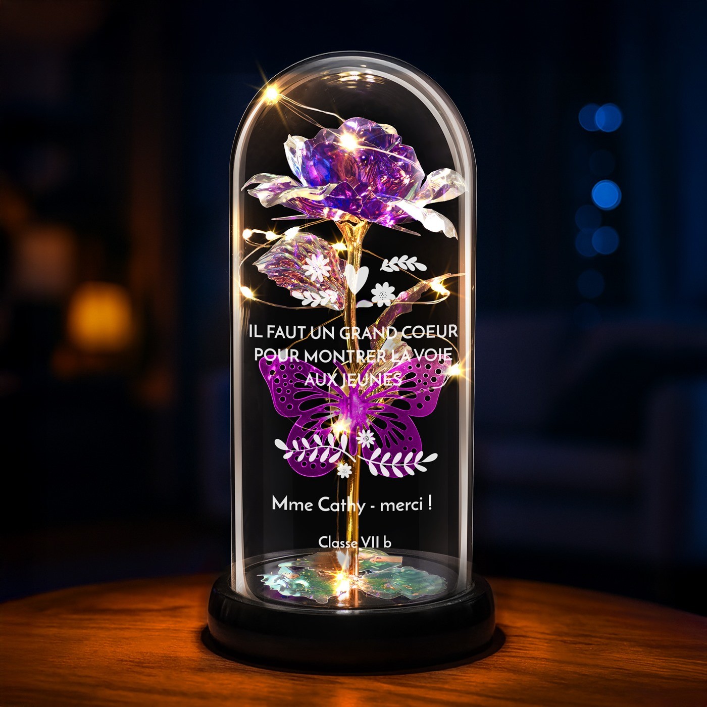 Murrano Eternal Purple Rose in Glass Dome with Engraving and LED Light