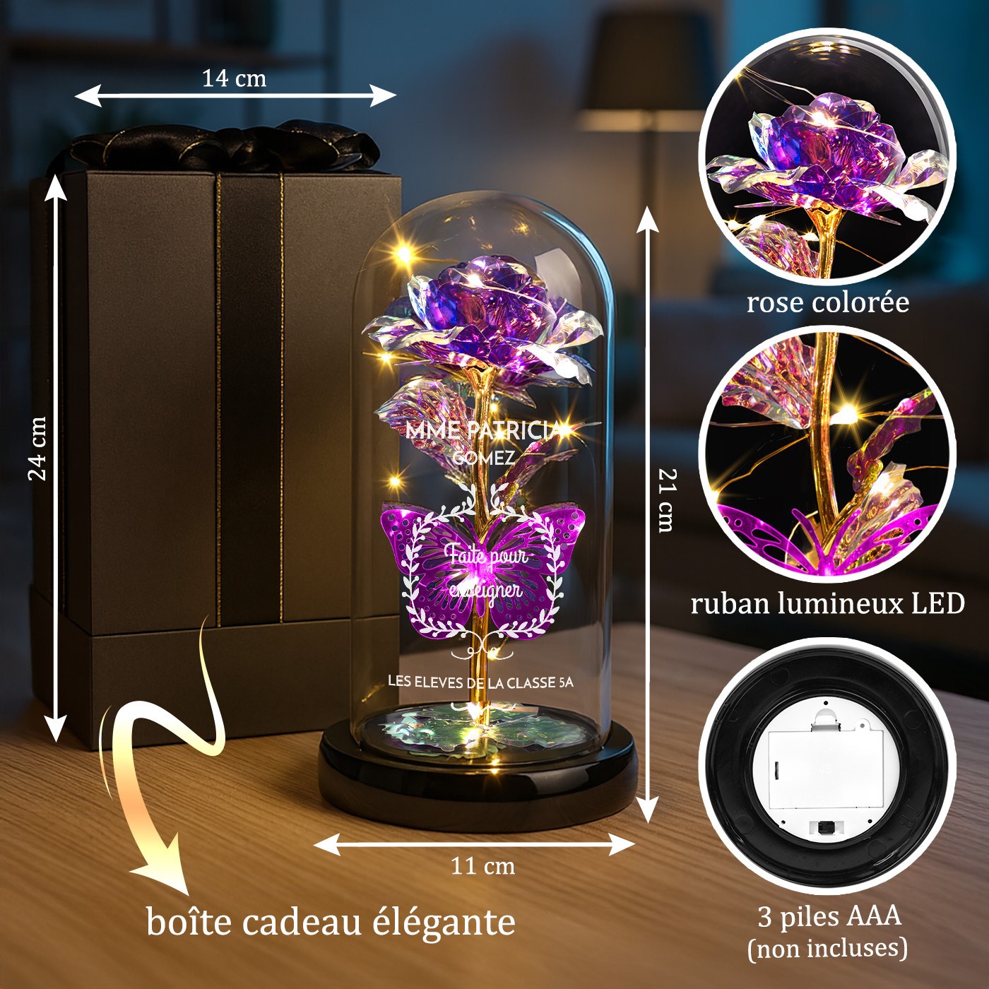 Rose Éternelle Pourpre de Murrano dans une Coupe en Verre avec Lumière LED - Cadeau Personnalisé pour Enseignante