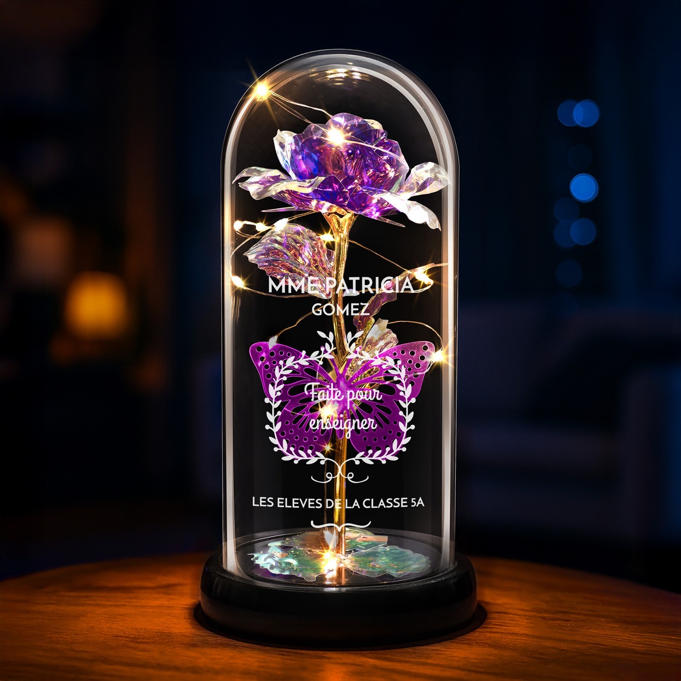 Murrano Purple Eternal Rose in Glass Dome with LED Light - Personalized Teacher Gift