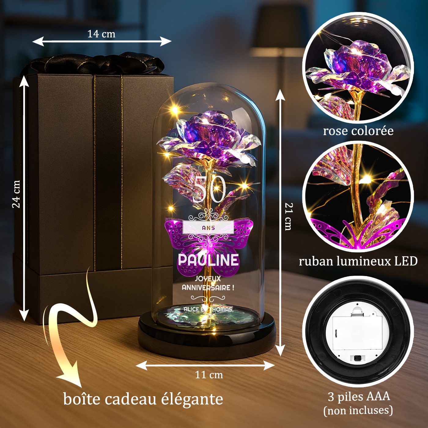 Rose Éternelle Violette Murrano sous Bellée en Verre avec Gravure et Lumière LED pour l'Anniversaire de Maman 50 ans