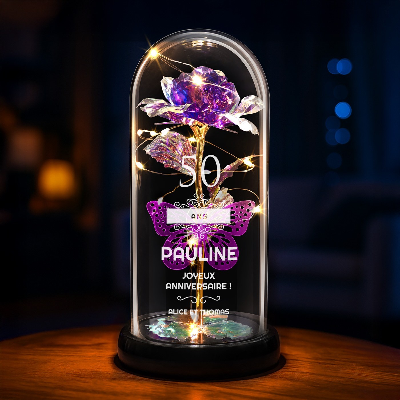 Rose Éternelle Violette Murrano sous Bellée en Verre avec Gravure et Lumière LED pour l'Anniversaire de Maman 50 ans