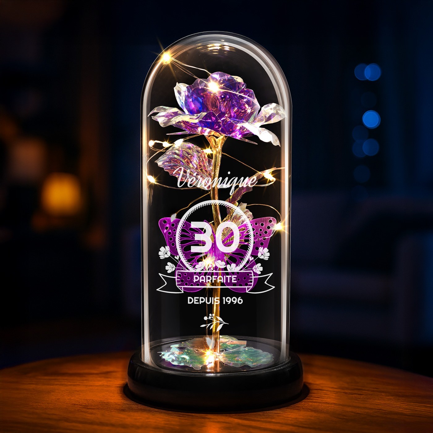 Rose Éternelle Violette Personnalisée sous Belles de Verre avec Lumière LED pour Anniversaire Femme 30 ans