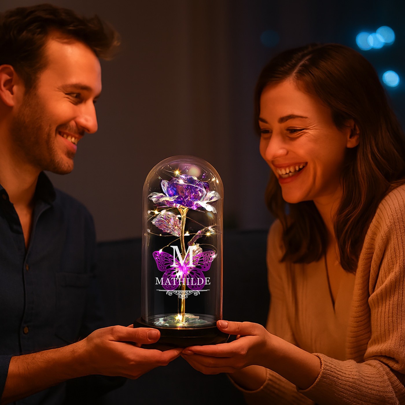 Murrano Eternal Purple Rose in Glass Dome with LED Light and Engraving for Woman's Birthday