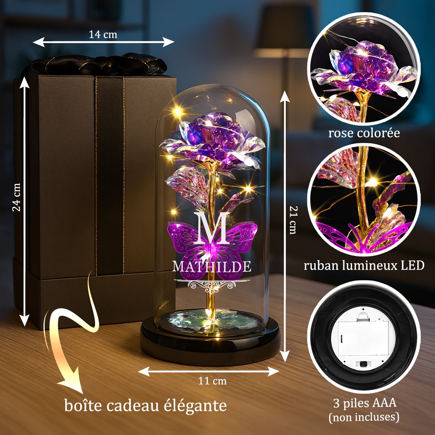 Murrano Eternal Purple Rose in Glass Dome with LED Light and Engraving for Woman's Birthday