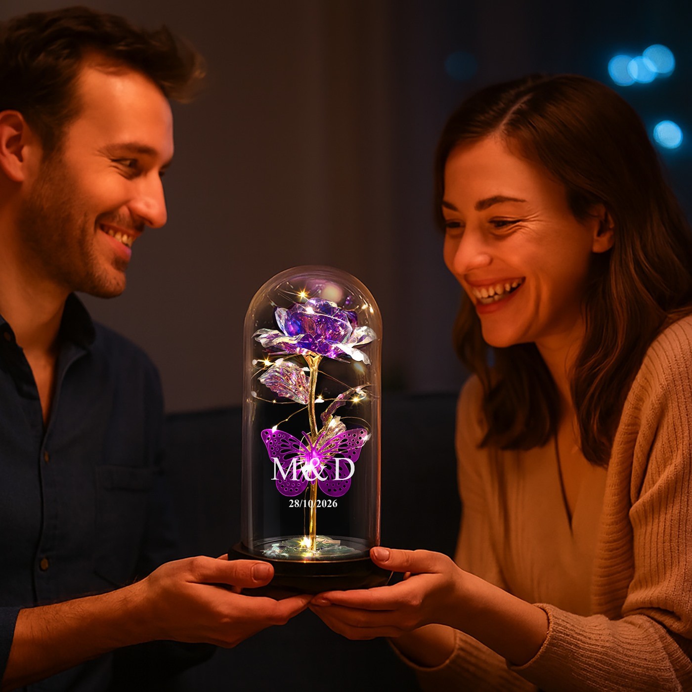 Eternal Purple Rose with Glass Dome and LED Light - Personalized Gift for Couple