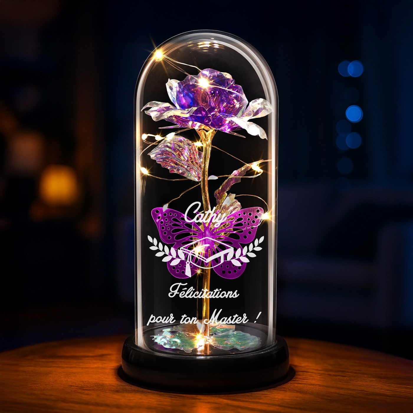 Eternal Purple Rose in Glass Bell with Engraving and LED Light - Graduation Gift
