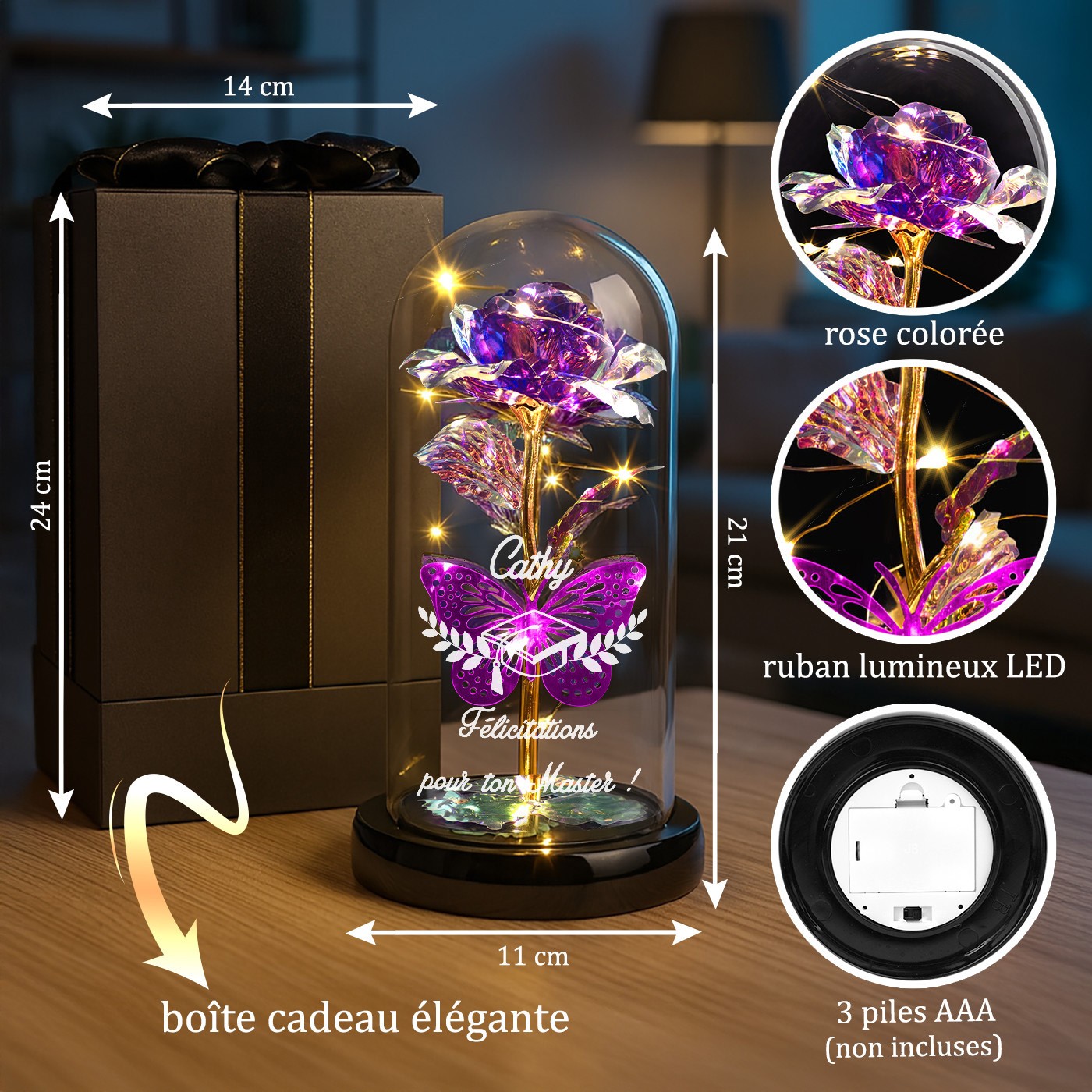 Eternal Purple Rose in Glass Bell with Engraving and LED Light - Graduation Gift