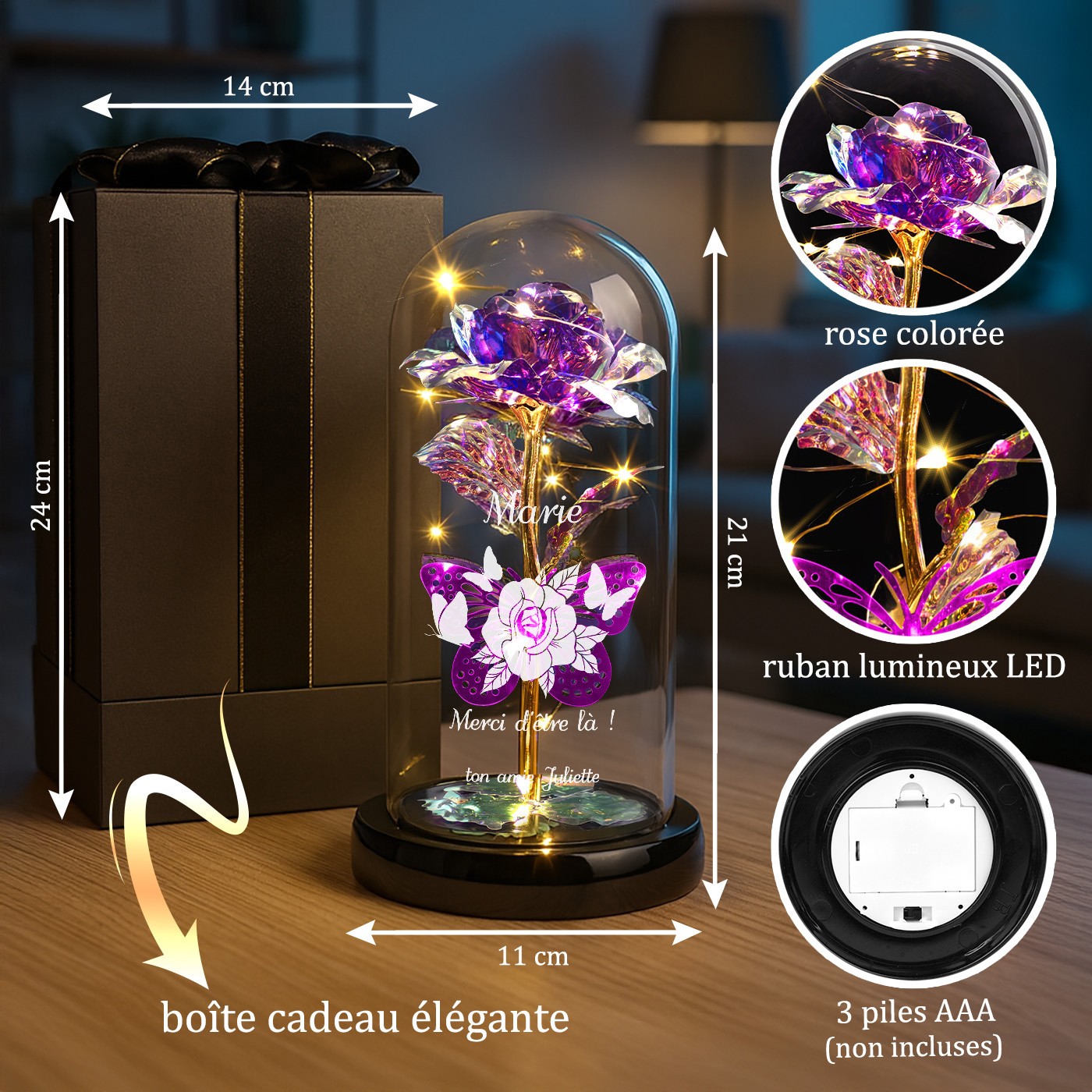 Rose éternelle violette personnalisée sous cloche en verre avec lumière LED