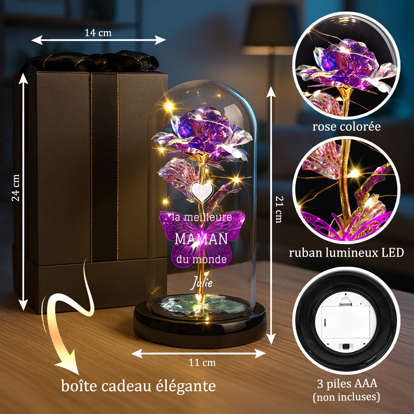 Murrano Eternal Purple Rose in Glass Dome with LED Light for Mother's Day