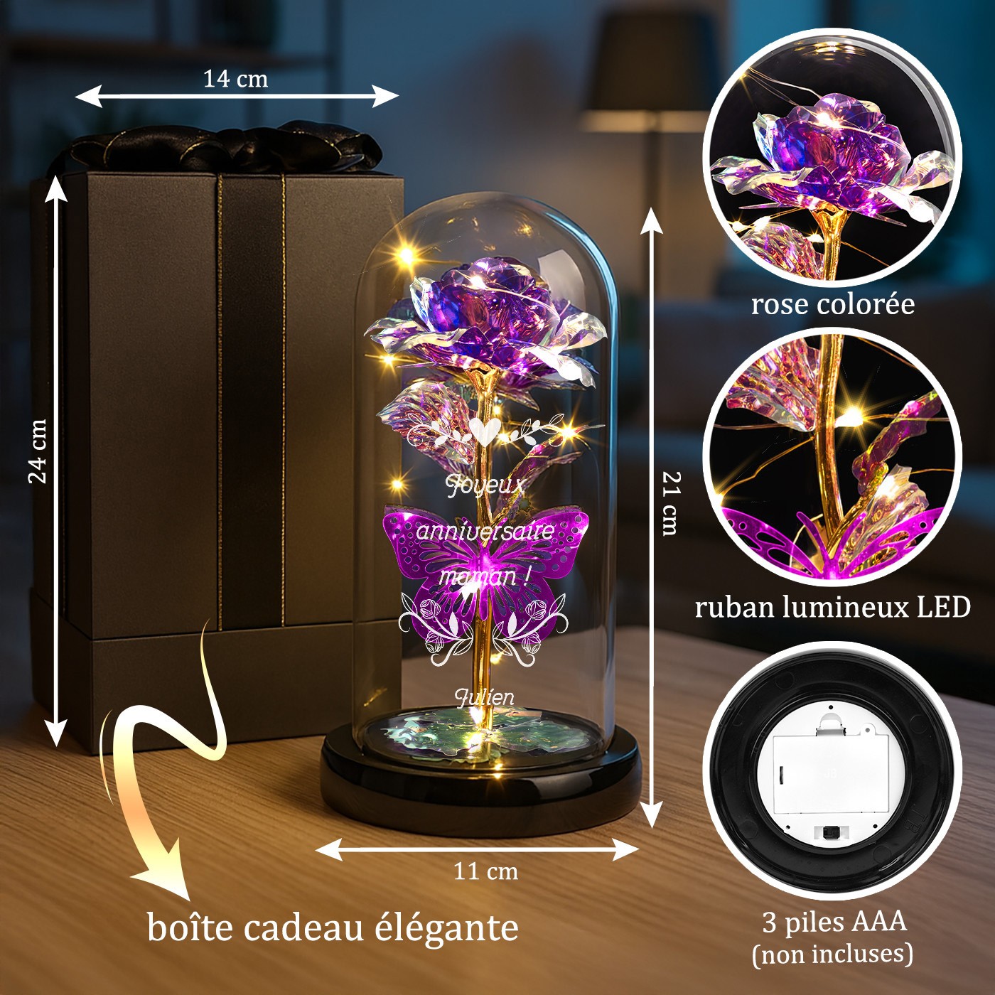 Rosa Eterna Violeta de Murrano bajo Vidrio con Luz LED para el Cumpleaños de Mamá