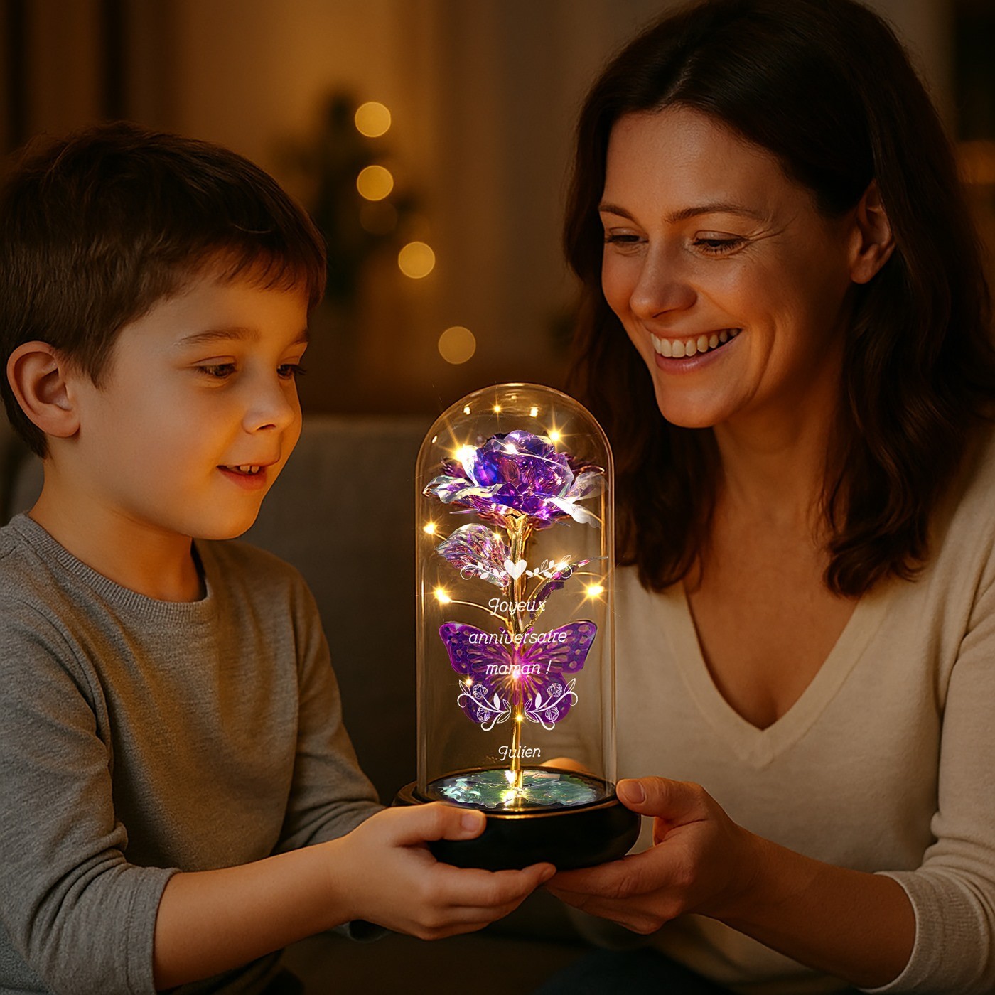 Rosa Eterna Violeta de Murrano bajo Vidrio con Luz LED para el Cumpleaños de Mamá