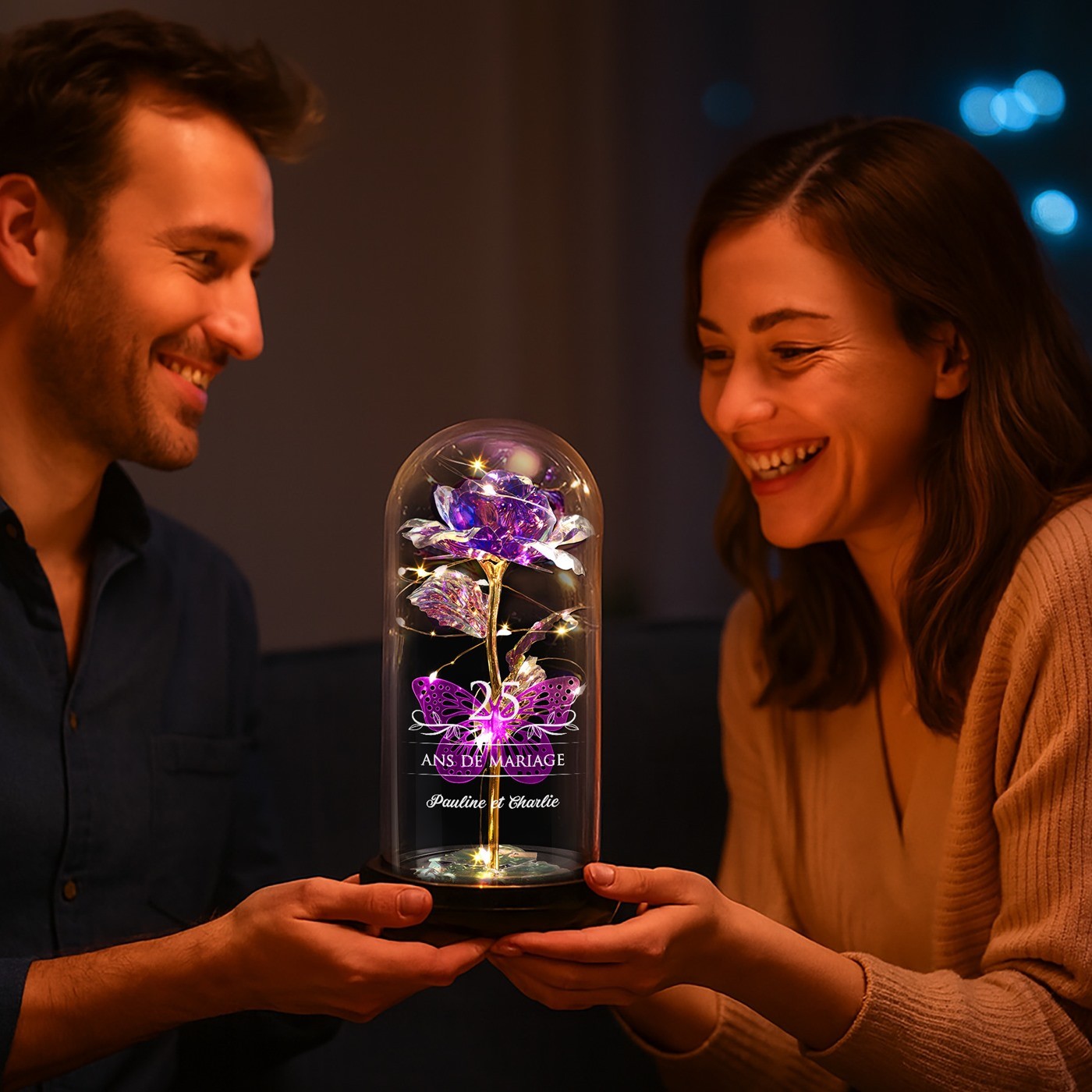 Eternal Purple Rose in Glass Bell with Engraving and LED Light for a Couple's 25th Wedding Anniversary