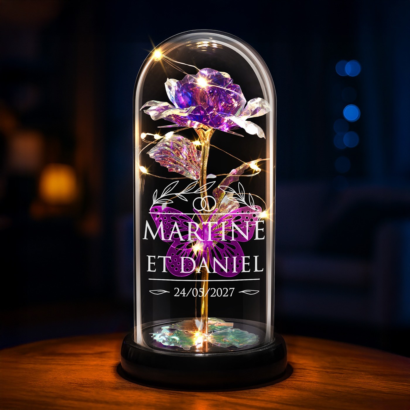 Rosa Eterna Violeta en Campanita de Vidrio con Luz LED - Regalo Personalizado para una Pareja