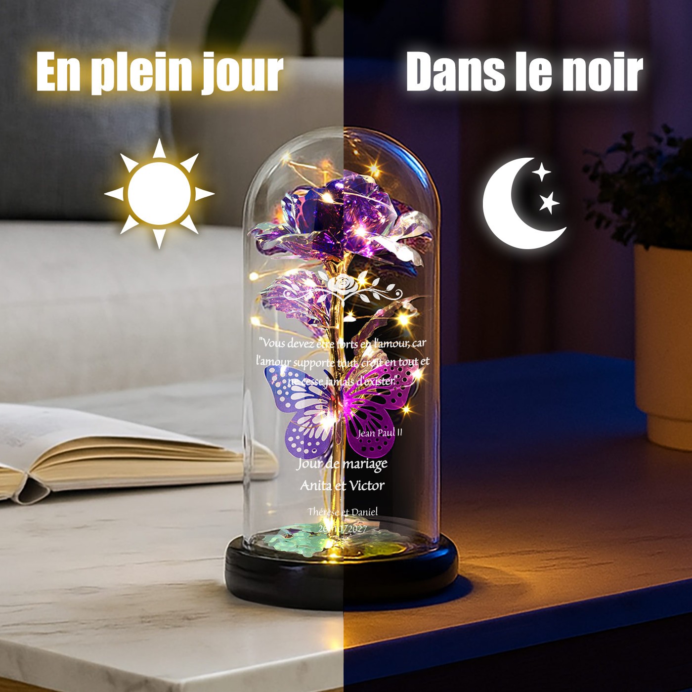 Eternal Violet Rose in Glass Dome with LED Light for Young Brides and Grooms