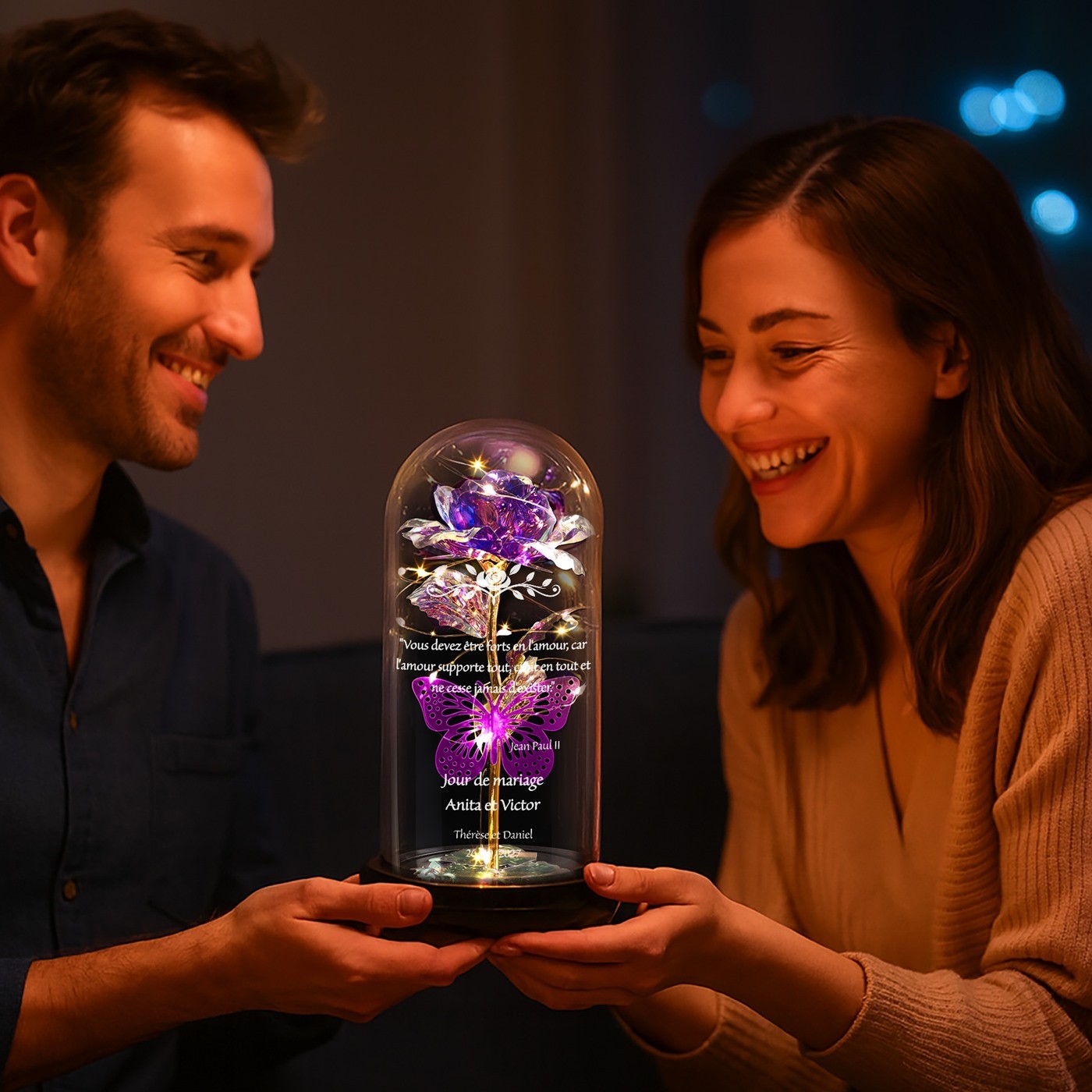 Eternal Violet Rose in Glass Dome with LED Light for Young Brides and Grooms