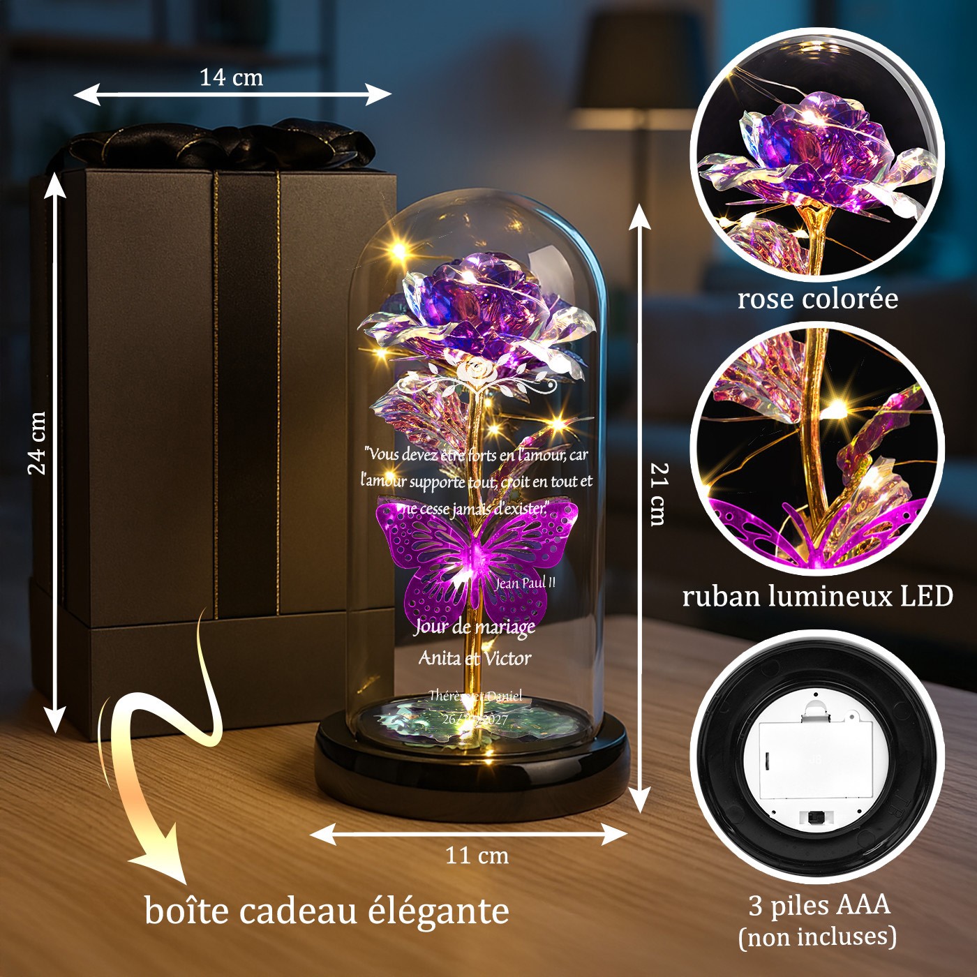 Eternal Violet Rose in Glass Dome with LED Light for Young Brides and Grooms