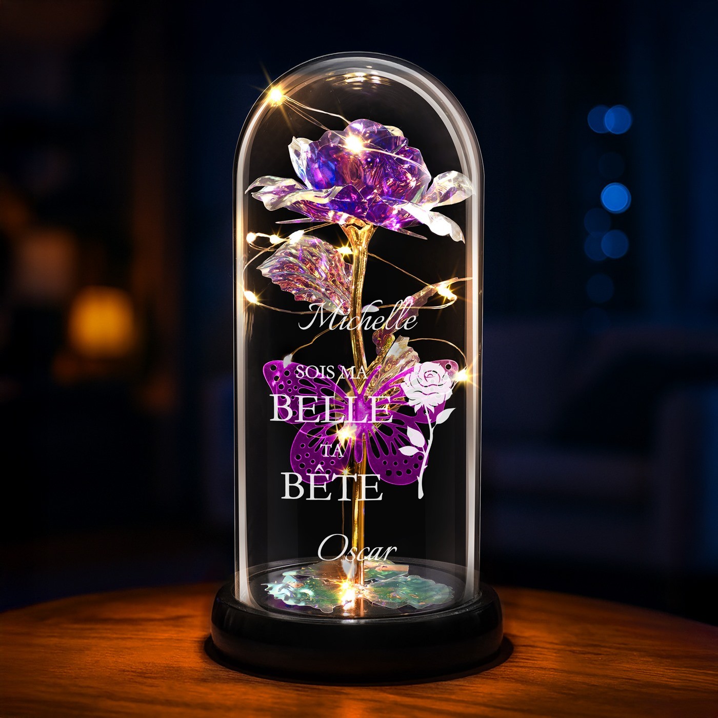 Rosa Eterna Violeta Personalizada bajo Lupa de Vidrio con Luz LED para Mujer en el Día de San Valentín