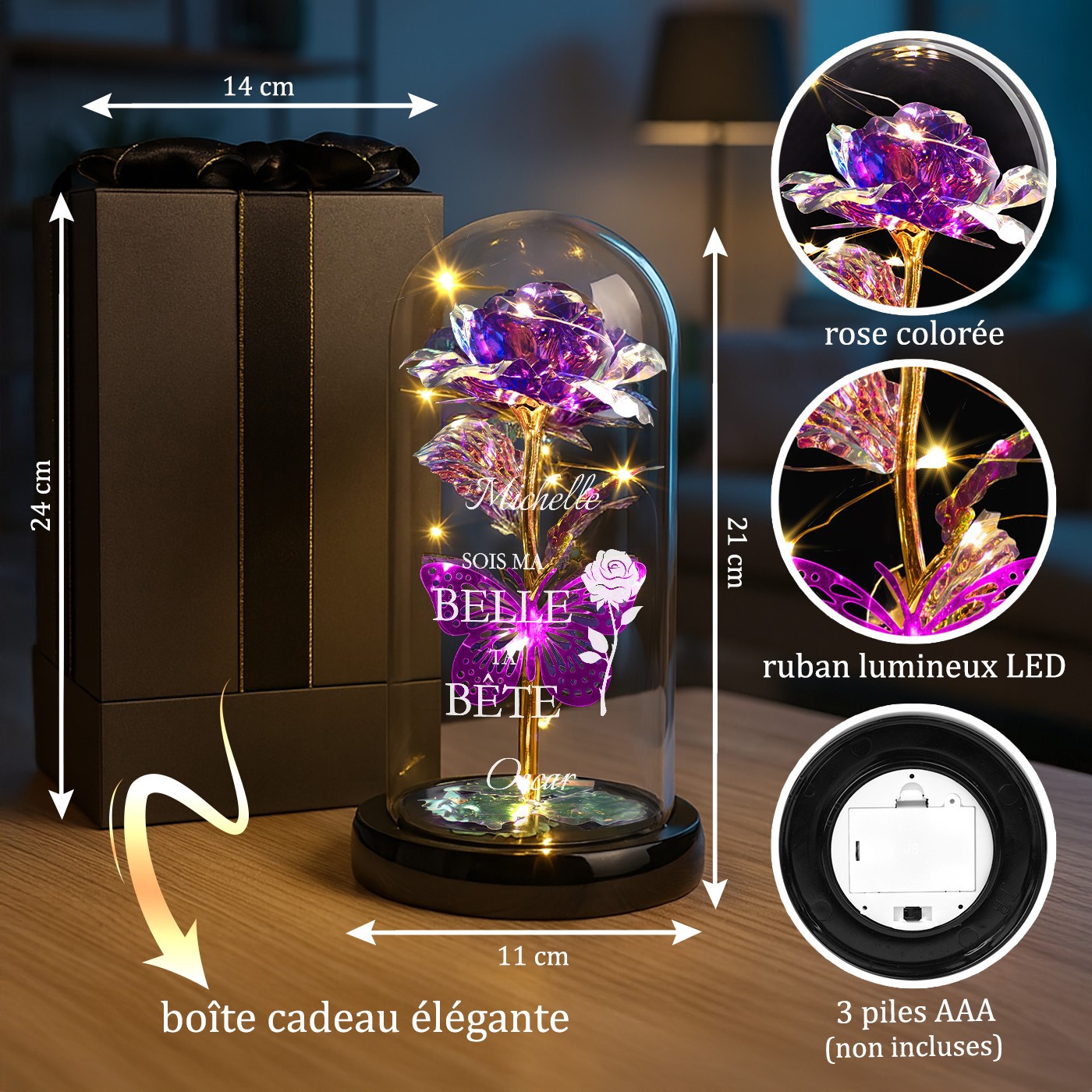 Rosa Eterna Violeta Personalizada bajo Lupa de Vidrio con Luz LED para Mujer en el Día de San Valentín