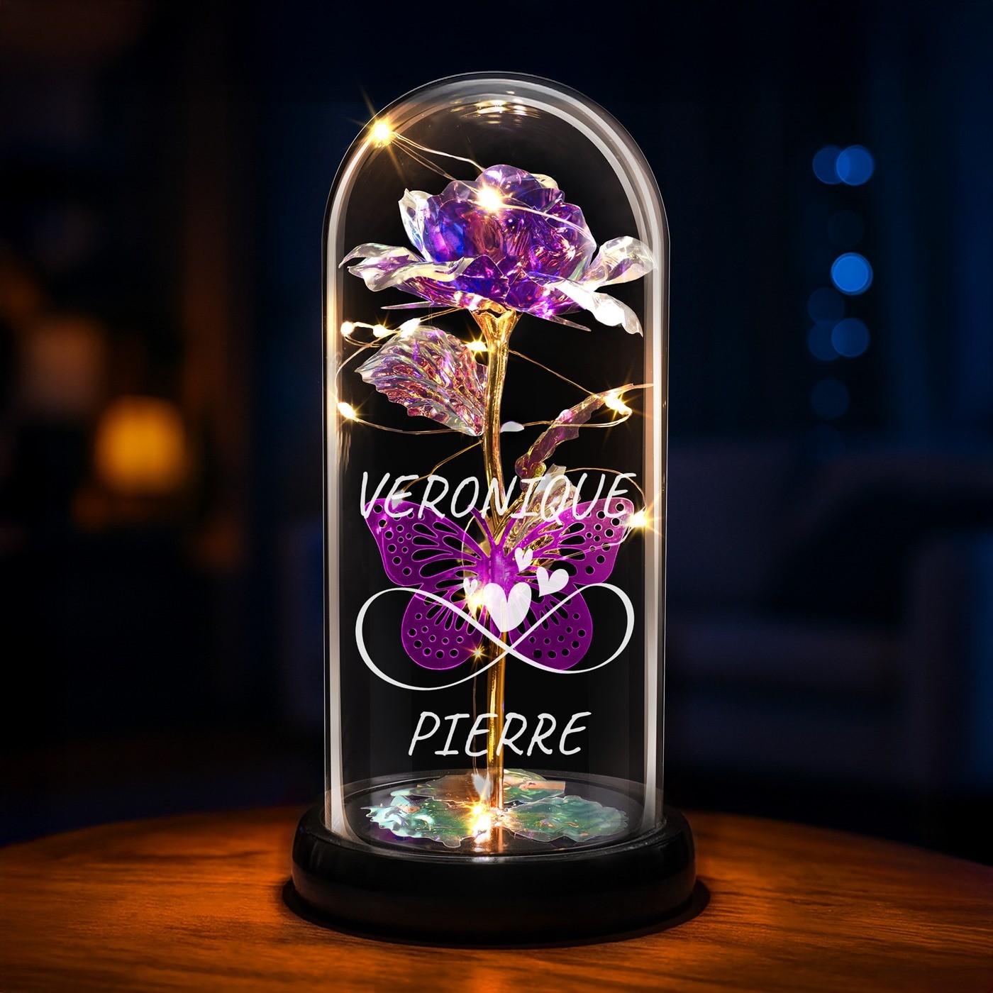 Rosa Eterna Morado de Murrano bajo Cúpula de Vidrio con Luz LED - Regalo Personalizado para el Aniversario de Boda (Hombre y Mujer)