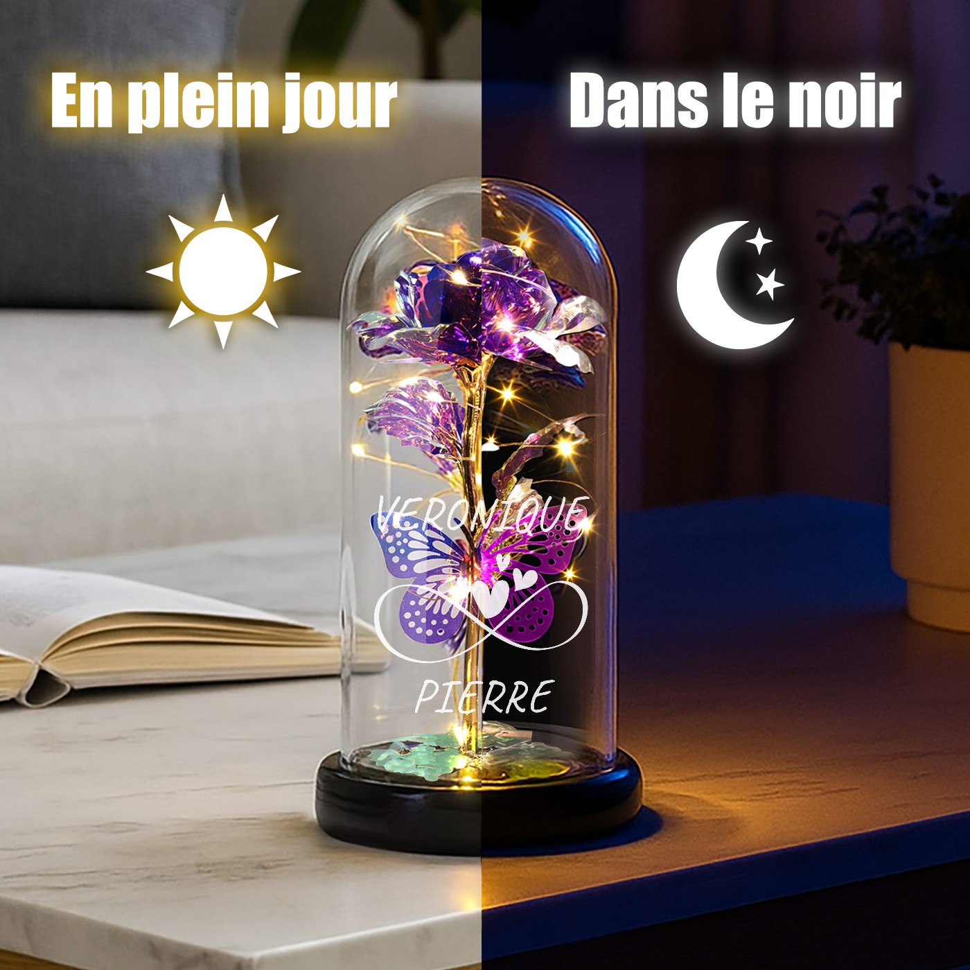 Rosa Eterna Morado de Murrano bajo Cúpula de Vidrio con Luz LED - Regalo Personalizado para el Aniversario de Boda (Hombre y Mujer)