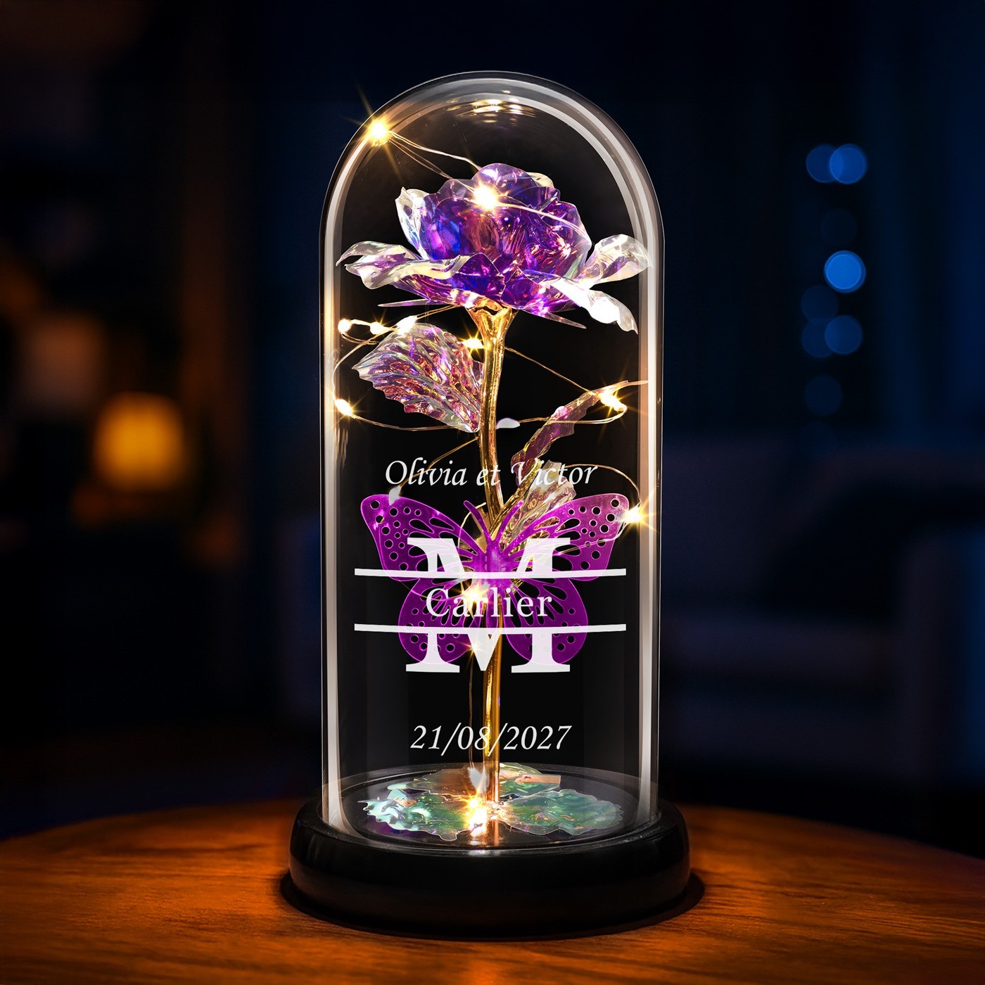 Rosas Eternas Moradas bajo Lupa de Vidrio con Grabado y Luz LED para Ella y Él, Regalo de Boda