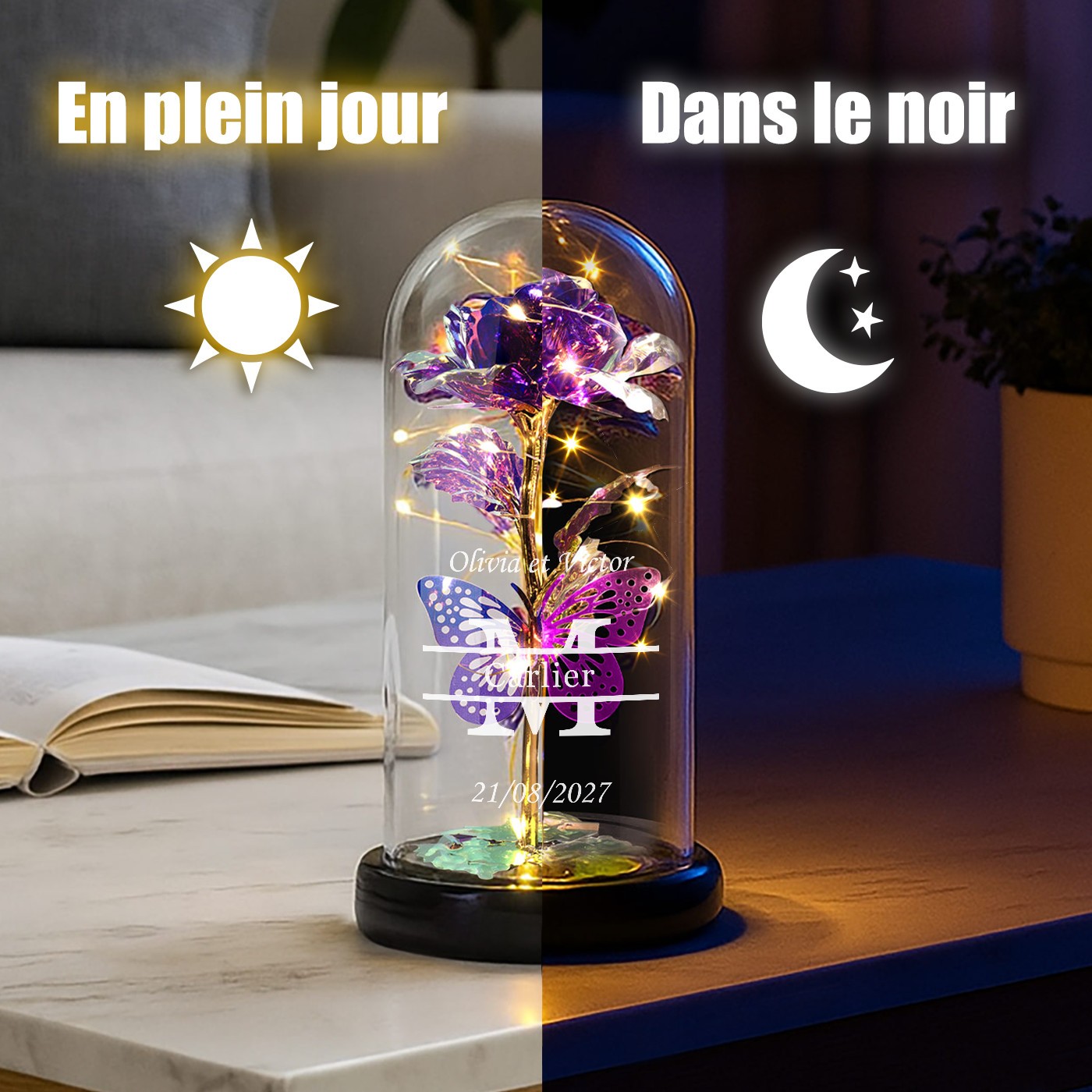 Rosas Eternas Moradas bajo Lupa de Vidrio con Grabado y Luz LED para Ella y Él, Regalo de Boda
