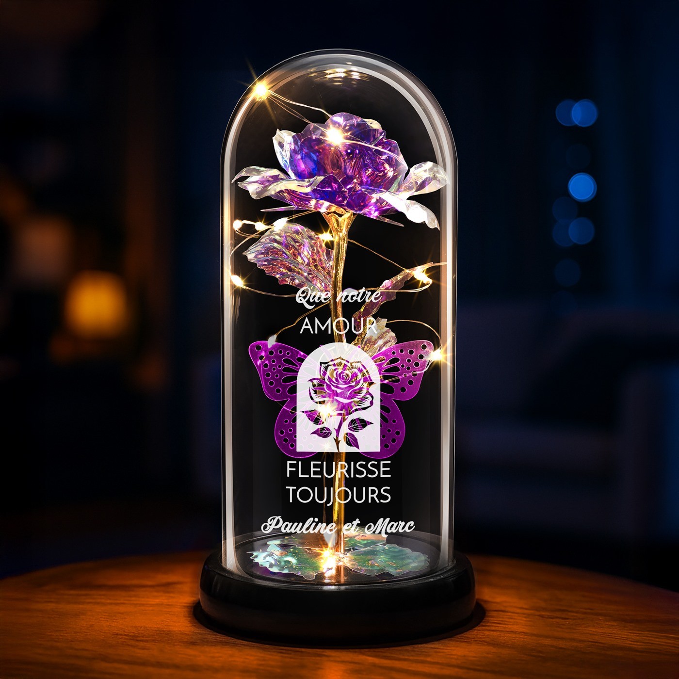 Rosa Eterna Violeta Personalizada en Domo de Vidrio con Luz LED para el Aniversario de Boda