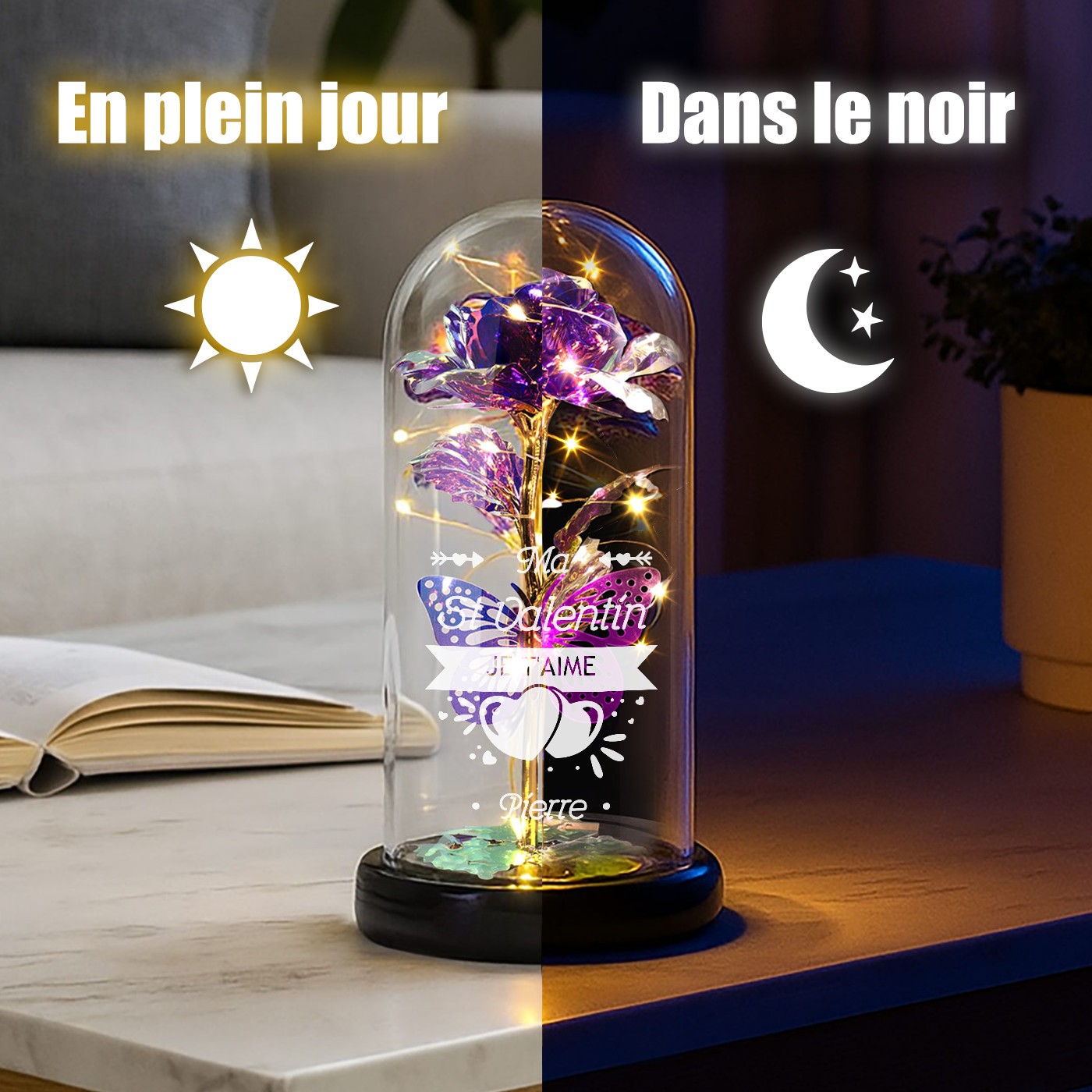 Rose Éternelle Violette Personnalisée sous Cloche en Verre avec Lumière LED pour la Saint-Valentin
