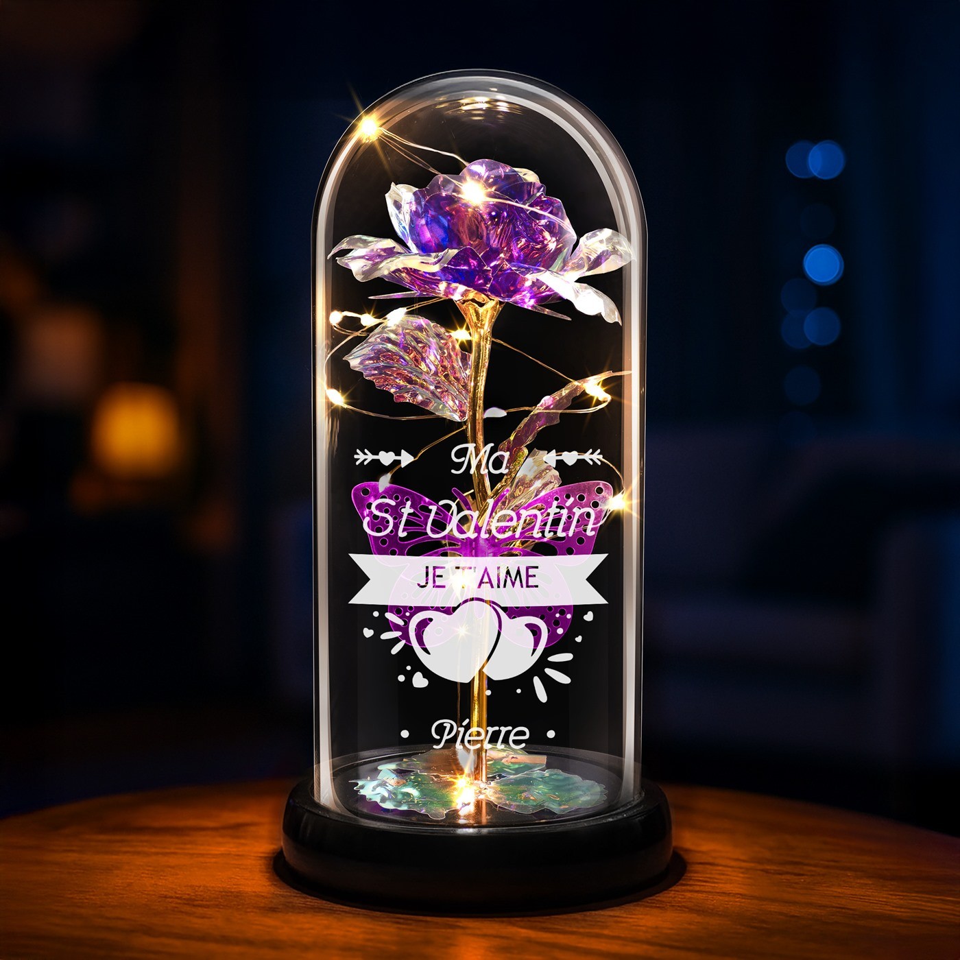 Rosa Eterna Violeta Personalizada bajo Vidrio con Luz LED para el Día de San Valentín