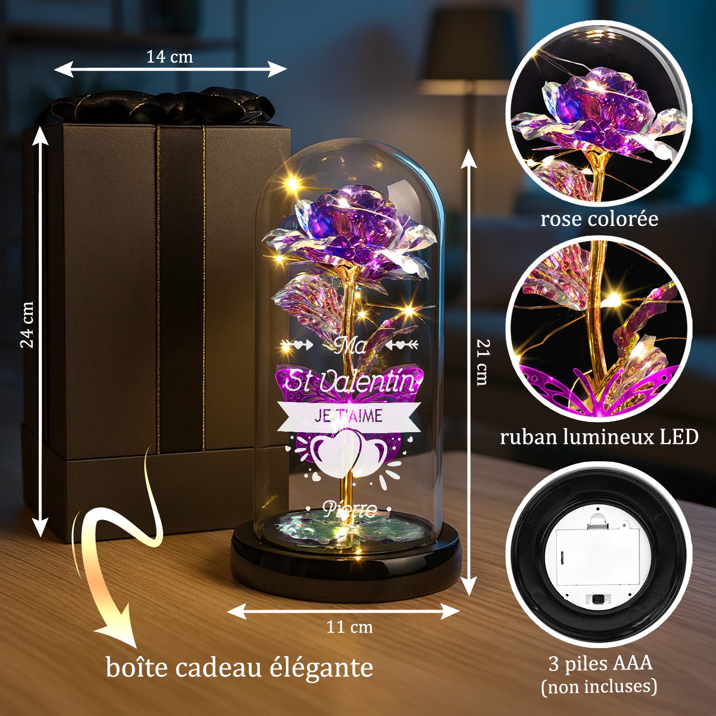 Rose Éternelle Violette Personnalisée sous Cloche en Verre avec Lumière LED pour la Saint-Valentin