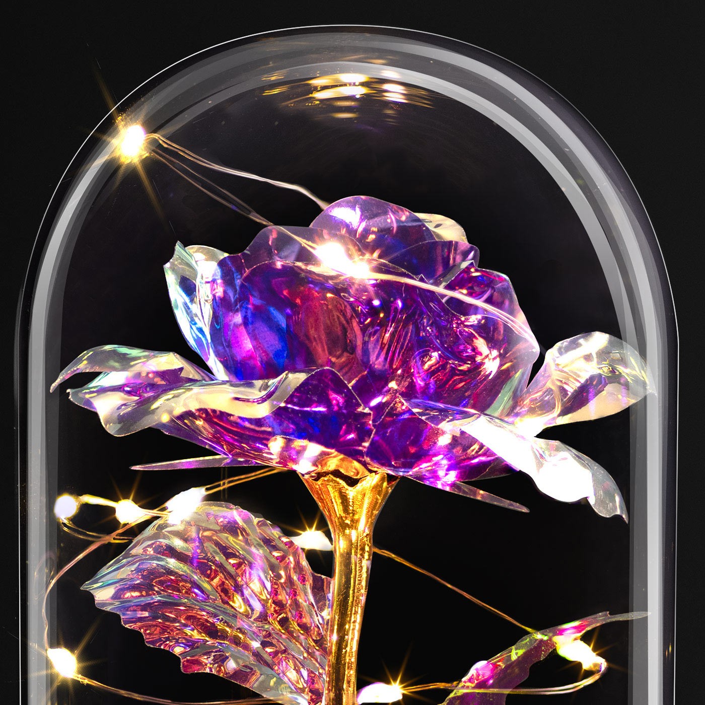 Ros Eterna Violeta de Murrano bajo Domo de Vidrio con Grabado y Luz LED para Esposa en el Día de San Valentín
