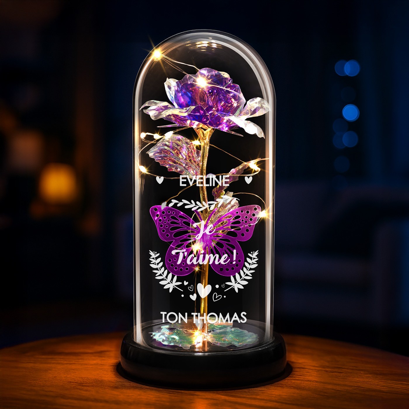 Ros Eterna Violeta de Murrano bajo Domo de Vidrio con Grabado y Luz LED para Esposa en el Día de San Valentín